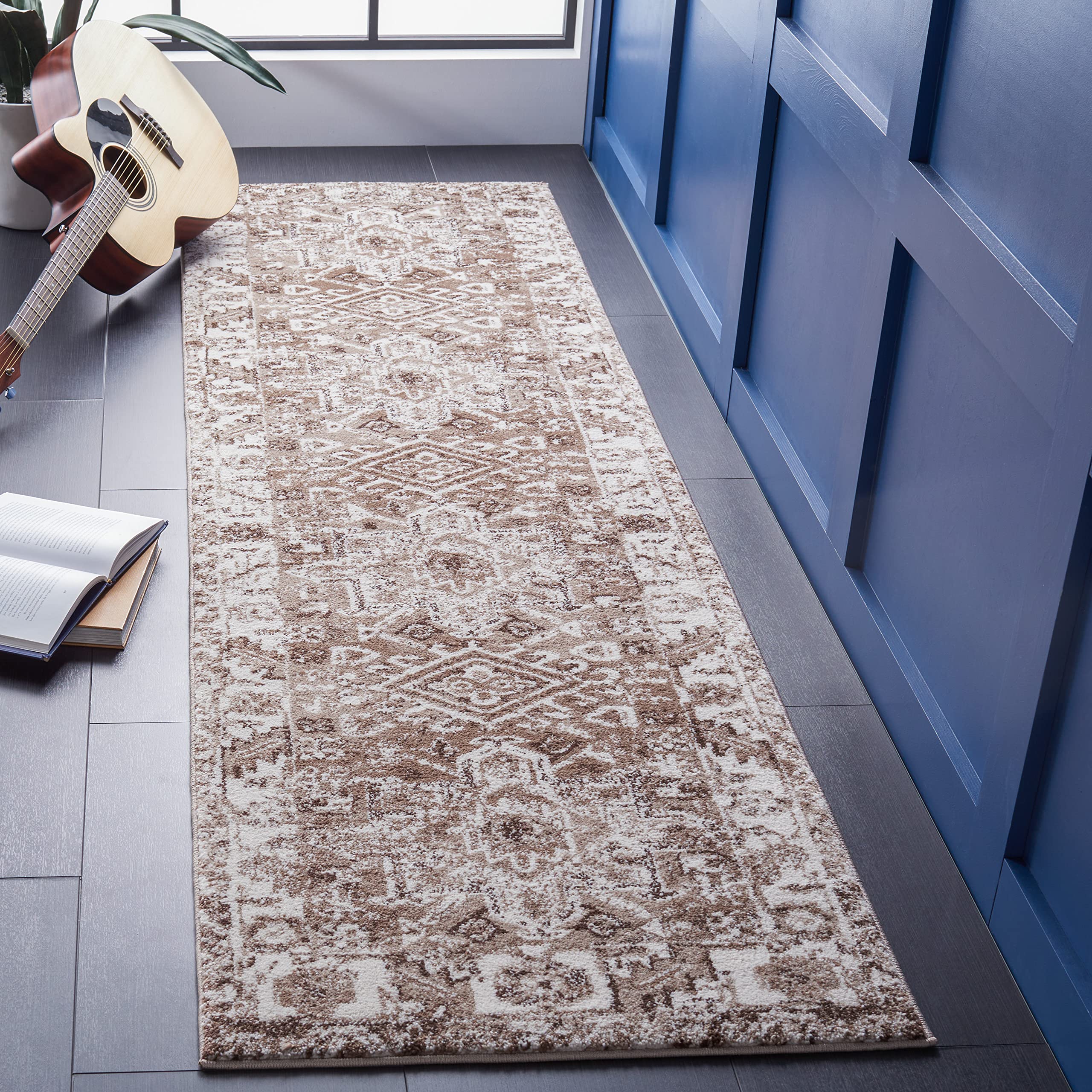 SAFAVIEH Vintage Hamadan Collection Runner Rug - 23 x 6, Brown & Ivory, Oriental Traditional Persian Design, Non-Shedding & Ea