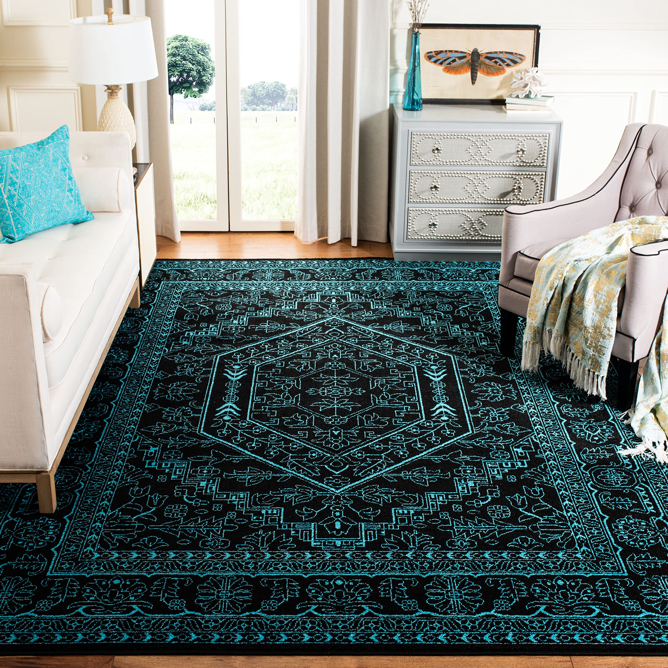 SAFAVIEH Adirondack Collection Area Rug - 6 x 9, Black & Teal, Oriental Medallion Design, Non-Shedding & Easy Care, Ideal for 