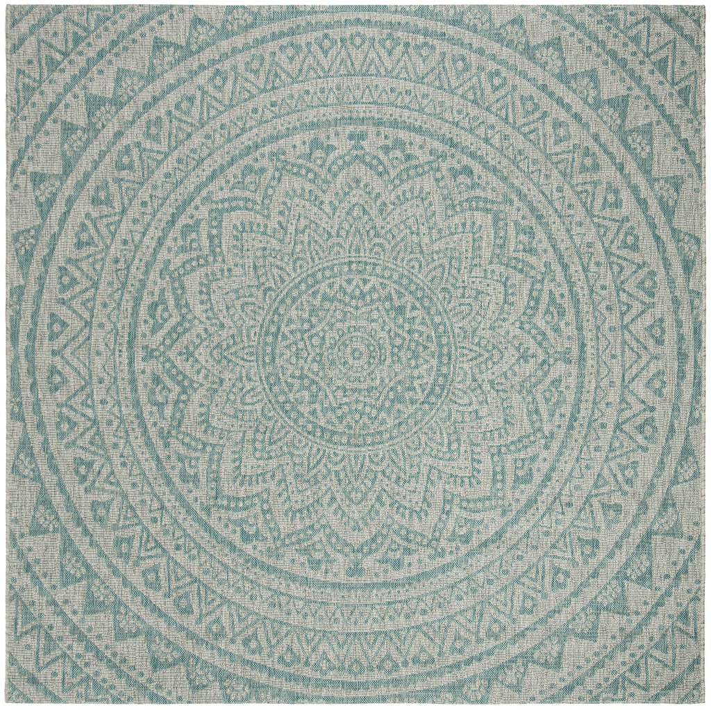 Safavieh Courtyard Collection 5'3' Square Light Grey / Aqua Cy8734 Indoor/ Outdoor Waterproof Easy Cleaning Patio Backyard Mudroom Area Rug
