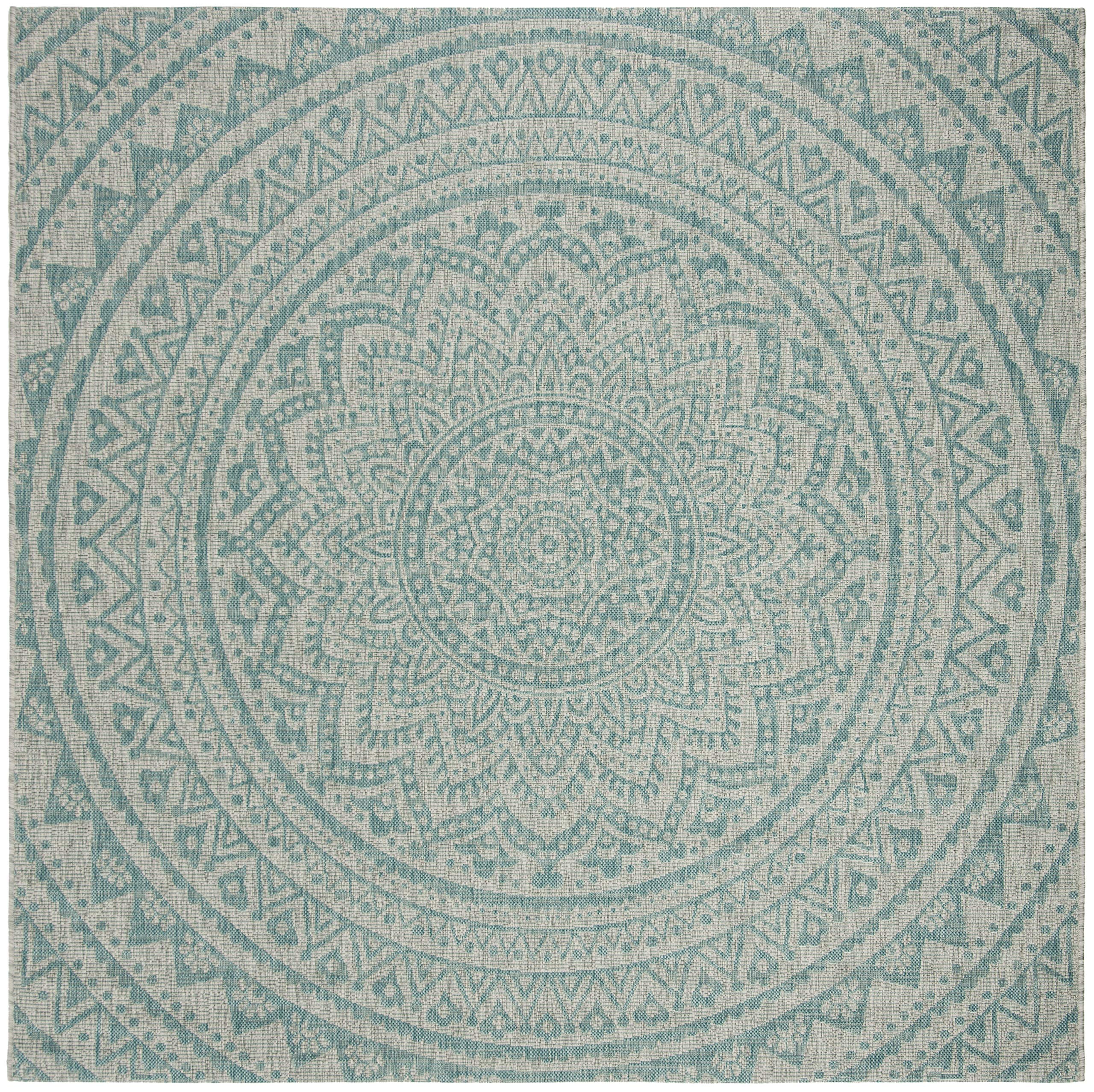 Safavieh Courtyard Collection 5'3' Square Light Grey / Aqua Cy8734 Indoor/ Outdoor Waterproof Easy Cleaning Patio Backyard Mudroom Area Rug