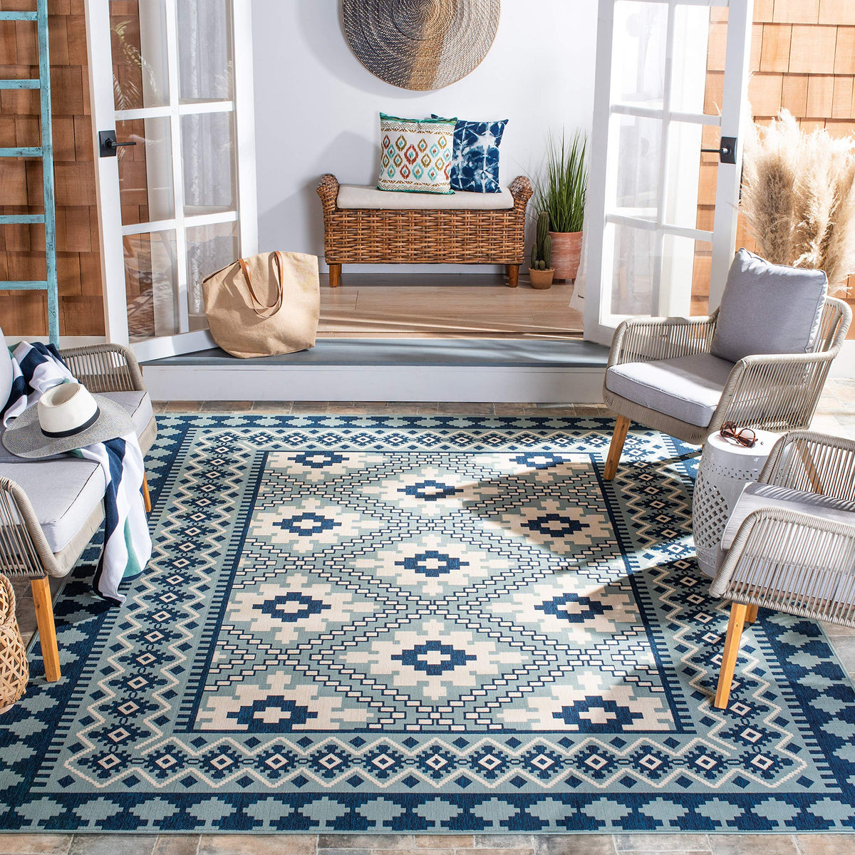Safavieh Veranda Collection 6'7' Square Ivory/Blue Ver099 Boho Indoor/ Outdoor Non-Shedding Easy Cleaning Patio Backyard Porch