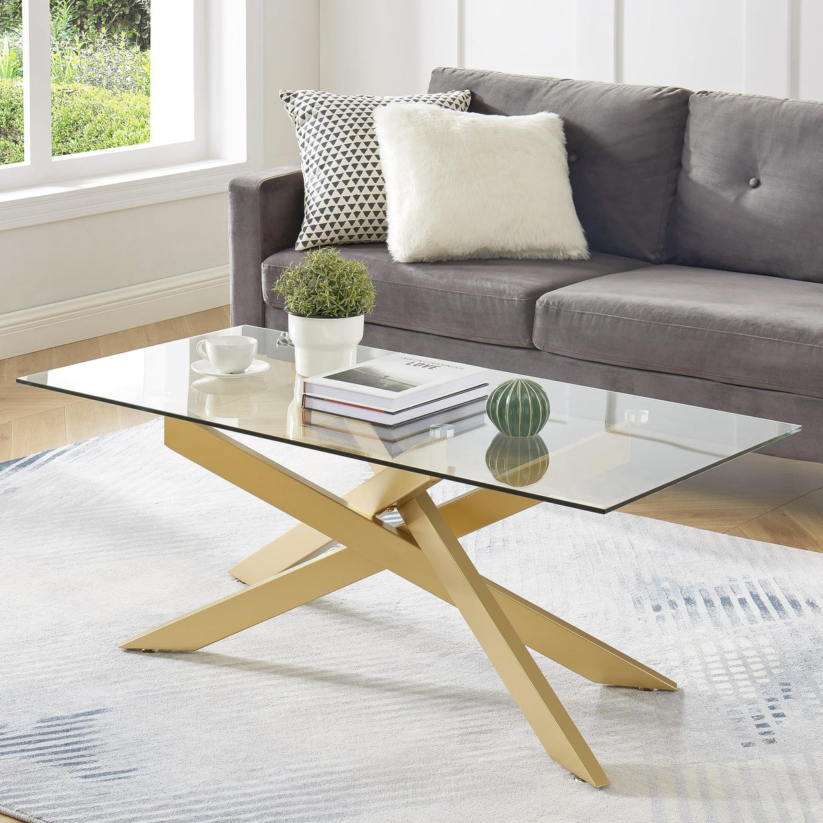 Rectangle Modern Coffee Table, Tempered Glass Top And Metal Tubular Leg, 47.3”Lx23.6”Wx18.1”H, Gold