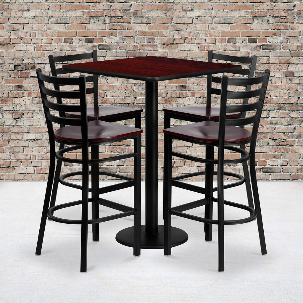 Flash Furniture Clark 30'' Square Mahogany Laminate Table Set with 4 Ladder Back Metal Barstools - Mahogany Wood Seat