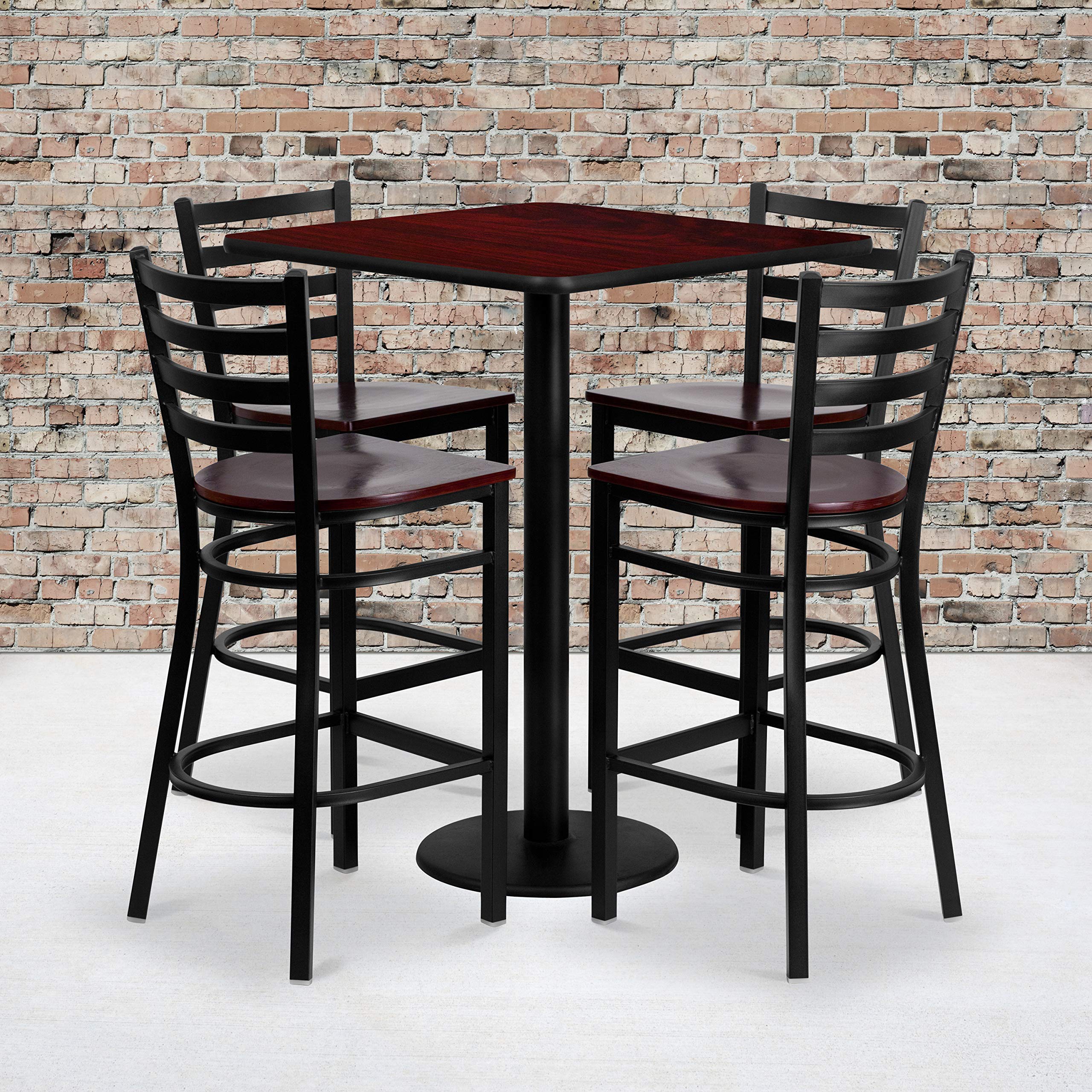 Flash Furniture Clark 30'' Square Mahogany Laminate Table Set with 4 Ladder Back Metal Barstools - Mahogany Wood Seat