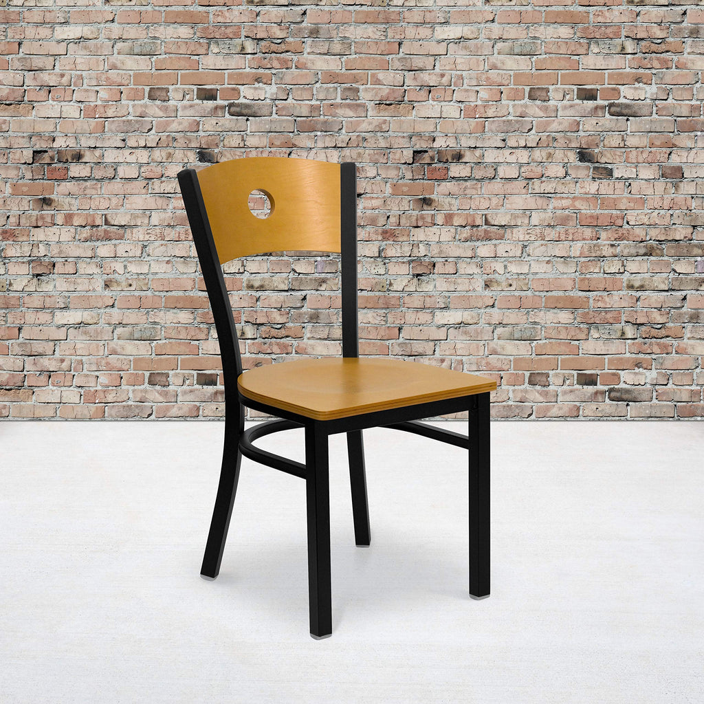 Flash Furniture HERCULES Series Black Circle Back Metal Restaurant Chair - Natural Wood Back & Seat