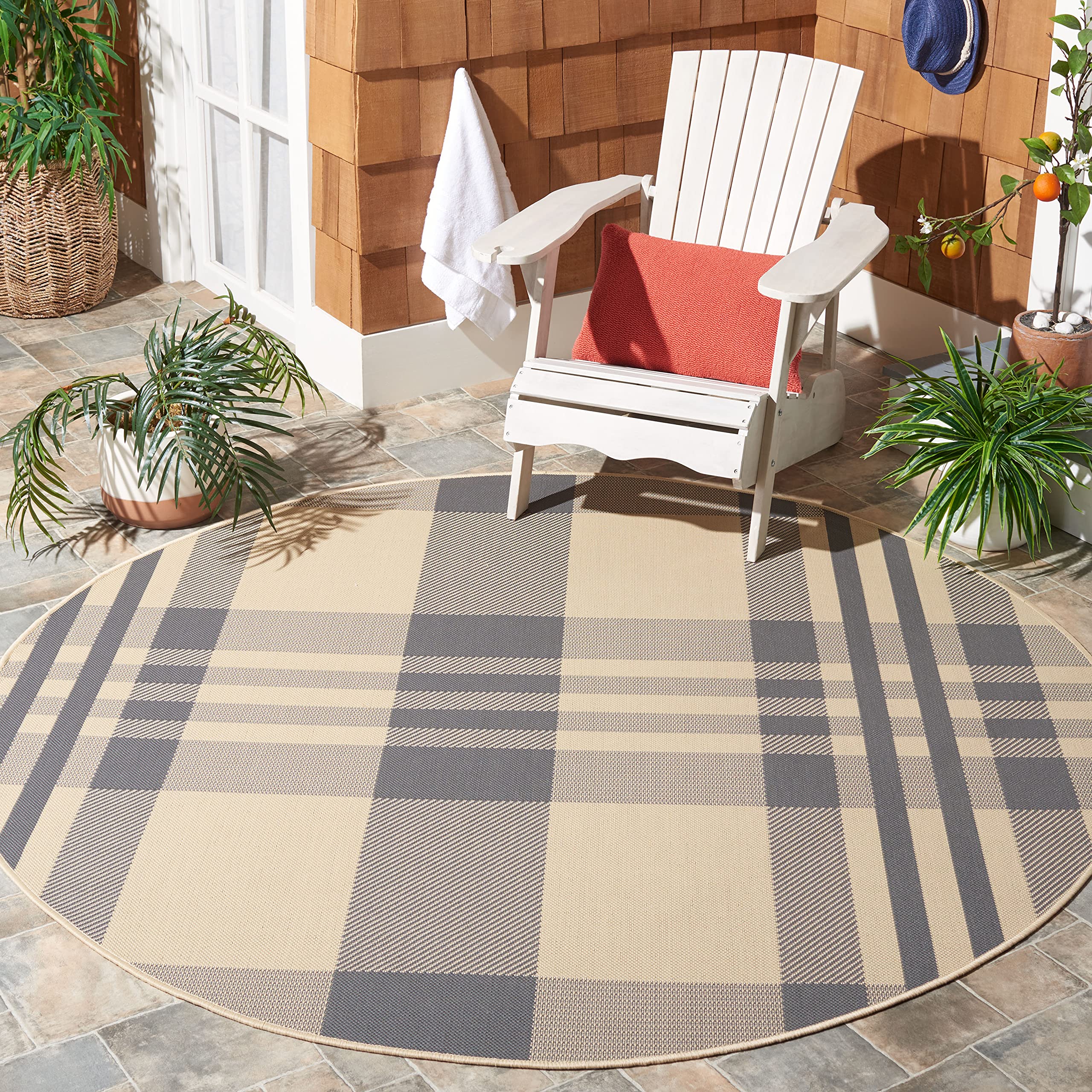 SAFAVIEH Courtyard Collection 4 Round Grey/Bone CY6201 Plaid Indoor/ Outside Waterproof Easy cleansingPatio Backyard Mudroom Ar