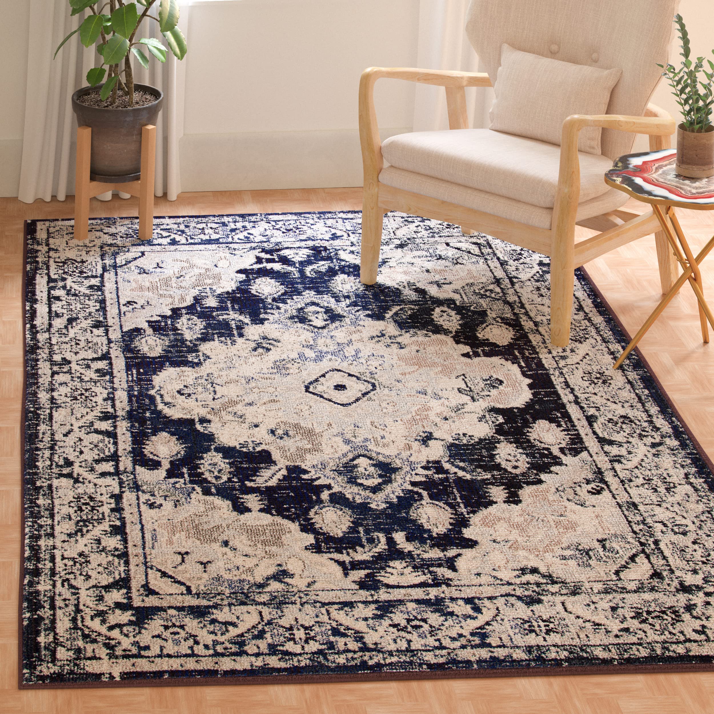 SAFAVIEH Monaco Collection Accent Rug - 3 x 5, Ivory & Navy, Boho Chic Medallion Distressed Design, Non-Shedding & Easy Care, 