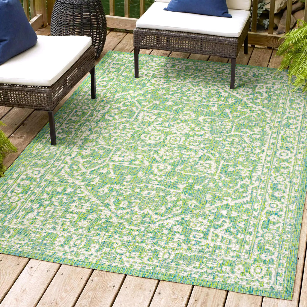 Jonathan Y Smb104F-4 Malta Bohemian Medallion Textured Weave Indoor Outdoor Area-Rug, Coastal Traditional Transitional Easy-Cleaning,Bedroom,Kitchen,Backyard,Patio,Non Shedding, 4 X 6, Cream/Green
