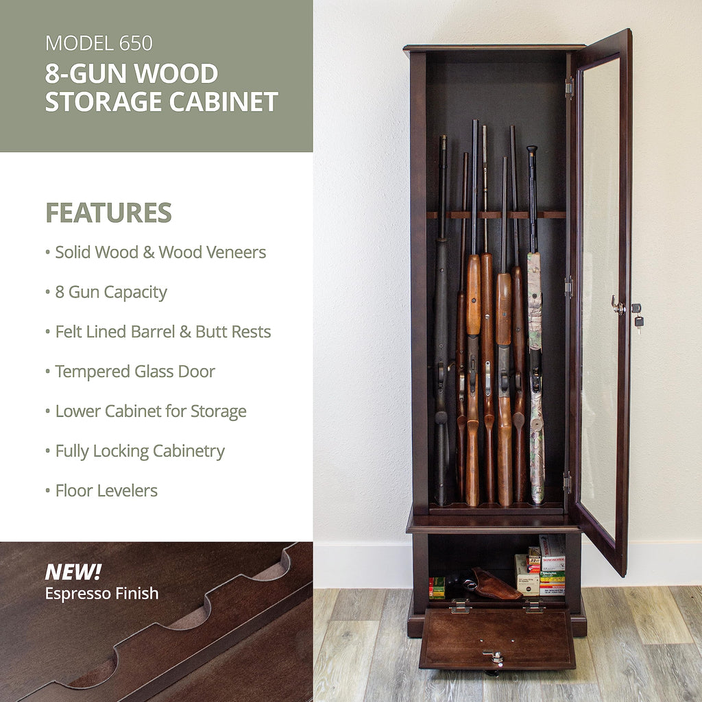 American Furniture Classics Wood Gun Display Cabinet, 8 Gun, Tempered Glass Door, Espresso Brown, Model 650