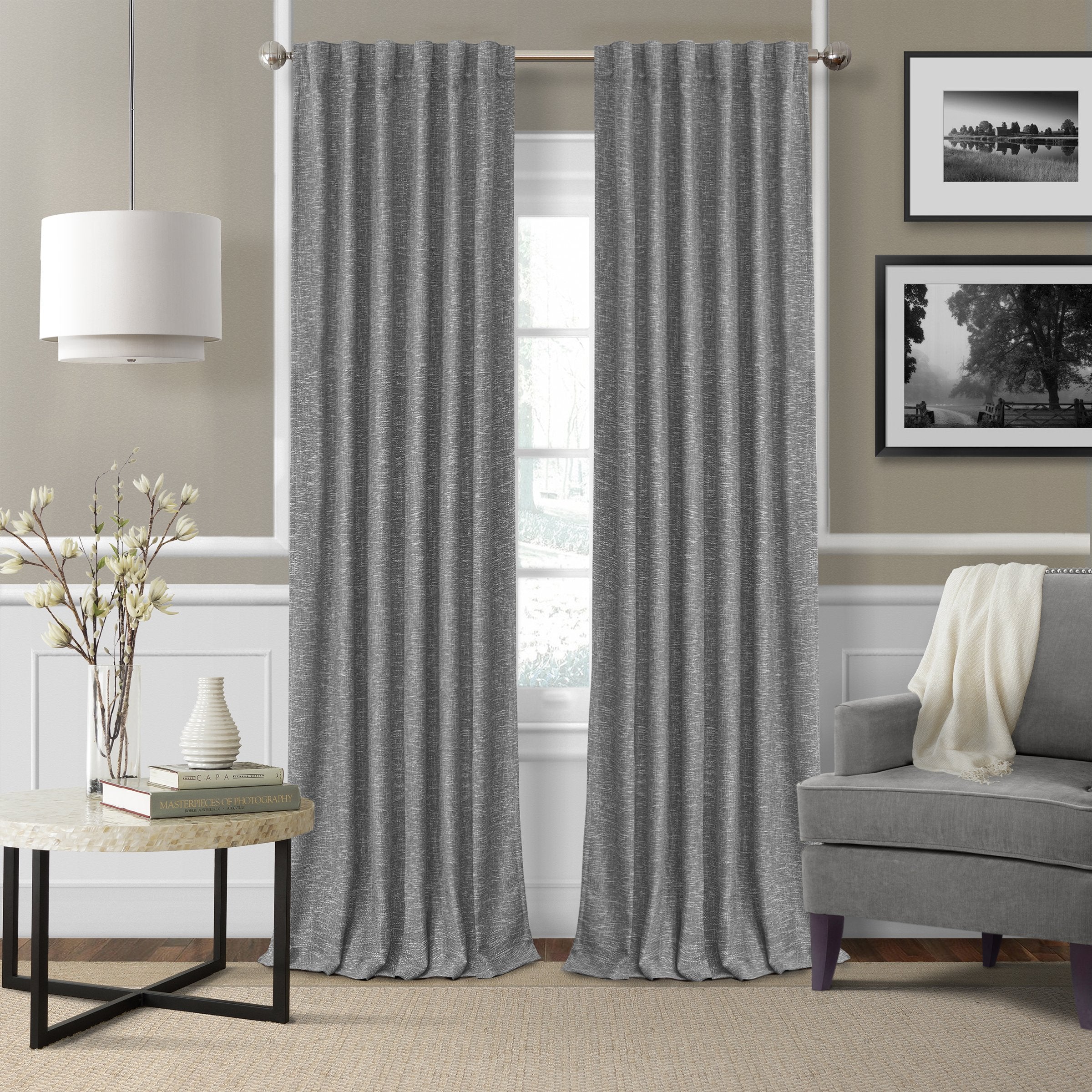 Elrene Home Fashions 26865901160 3-in-1 Blackout Energy Efficient Lined Linen Rod Pocket Window Curtain Drape, 52 x 95, Gray, 52
