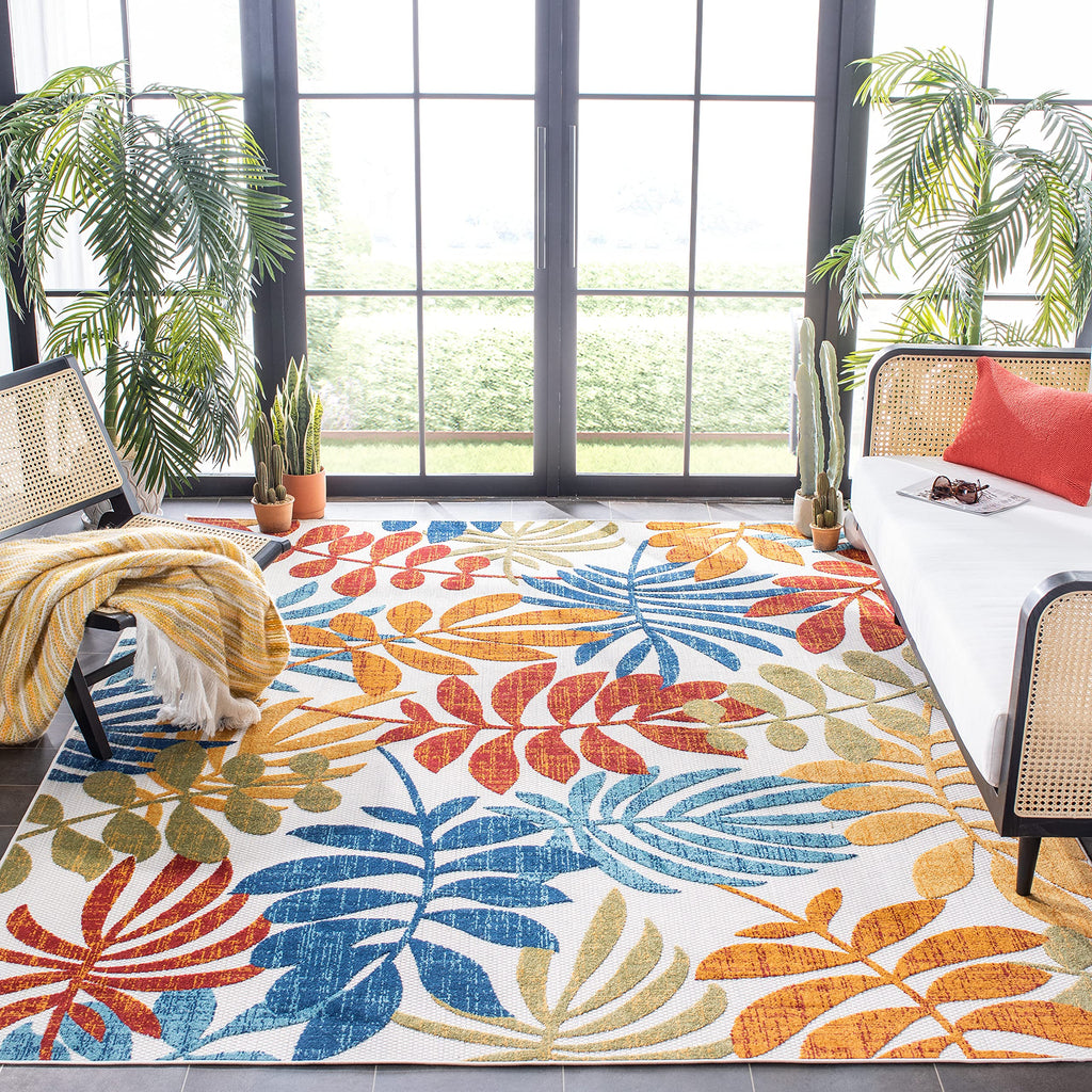 Safavieh Cabana Collection Area Rug - 8' Square, Creme & Red, Botanical Design, Non-Shedding & Easy Care, Indoor/Outdoor & Washable-Ideal For Patio, Backyard, Mudroom (Cbn814A)