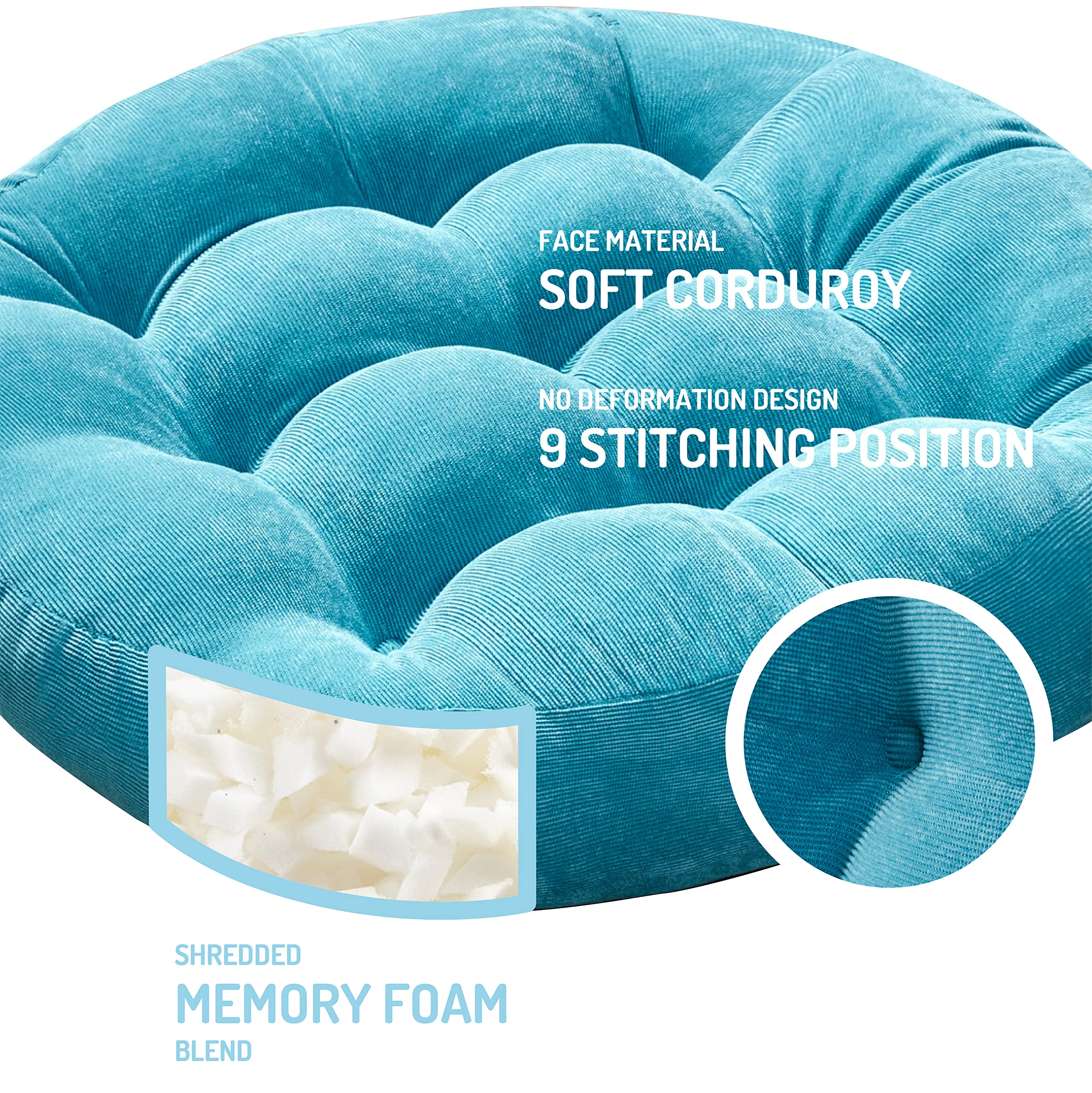 Meditation Floor Pillow Set Of 2, Round Large Pillows Seating For Adults, Tufted Corduroy Thick Cushion For Living Room Tatami, Turquoise, 22 Inch'2 Count (Pack Of 1)