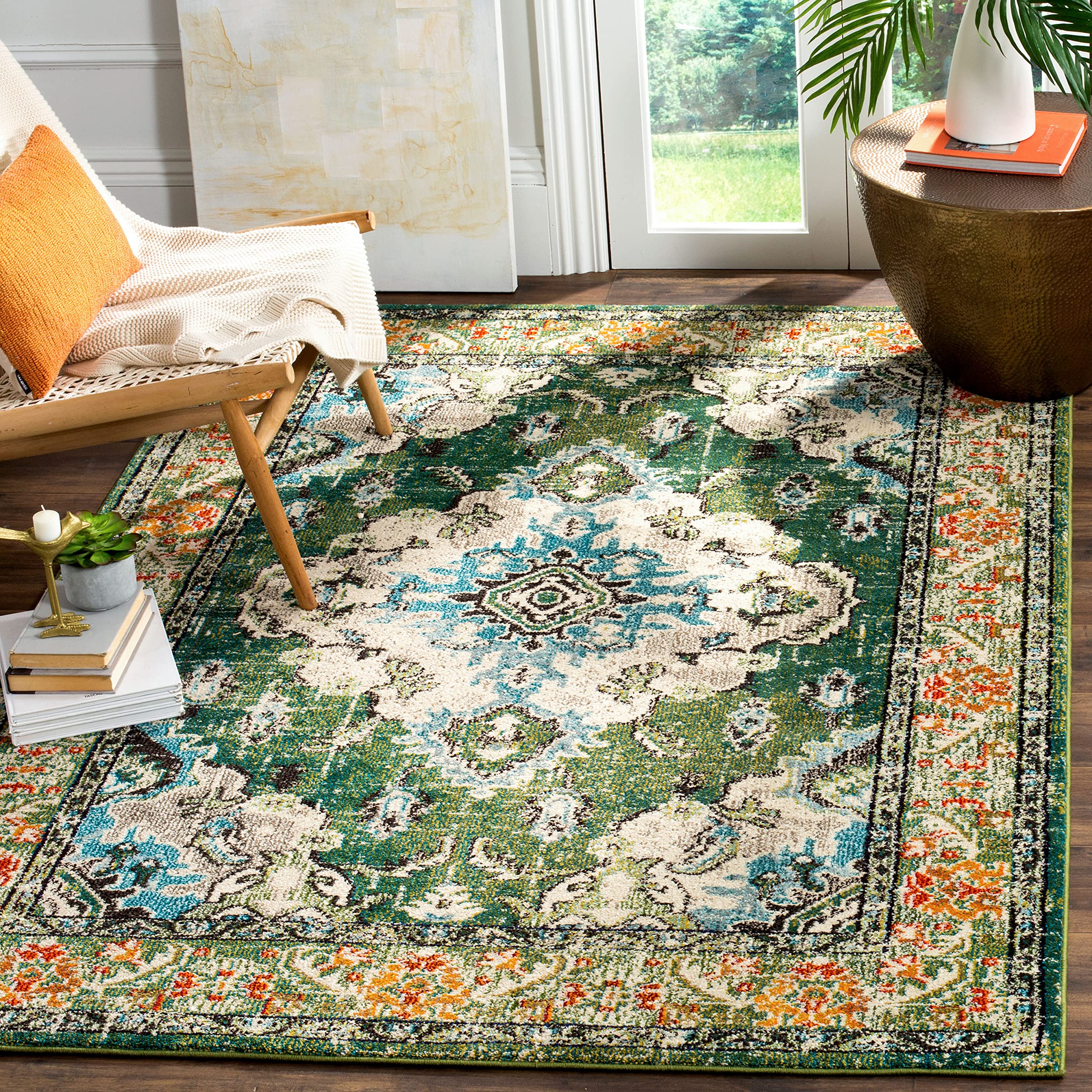 SAFAVIEH Monaco Collection Accent Rug - 3 x 5, Forest Green & Light Blue, Distressed Design, Non-Shedding & Easy Care, Ideal f