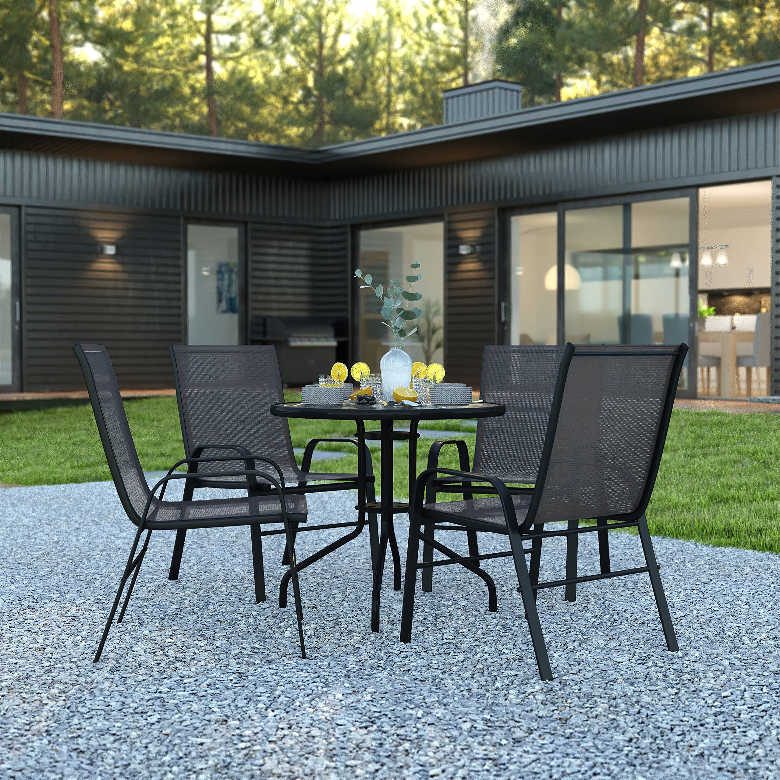 Flash Furniture Brazos 5 Piece Outdoor Patio Dining Set - 4 Black Flex Comfort Stack Chairs - 31.5&Quot; Round Tempered Glass Patio Table