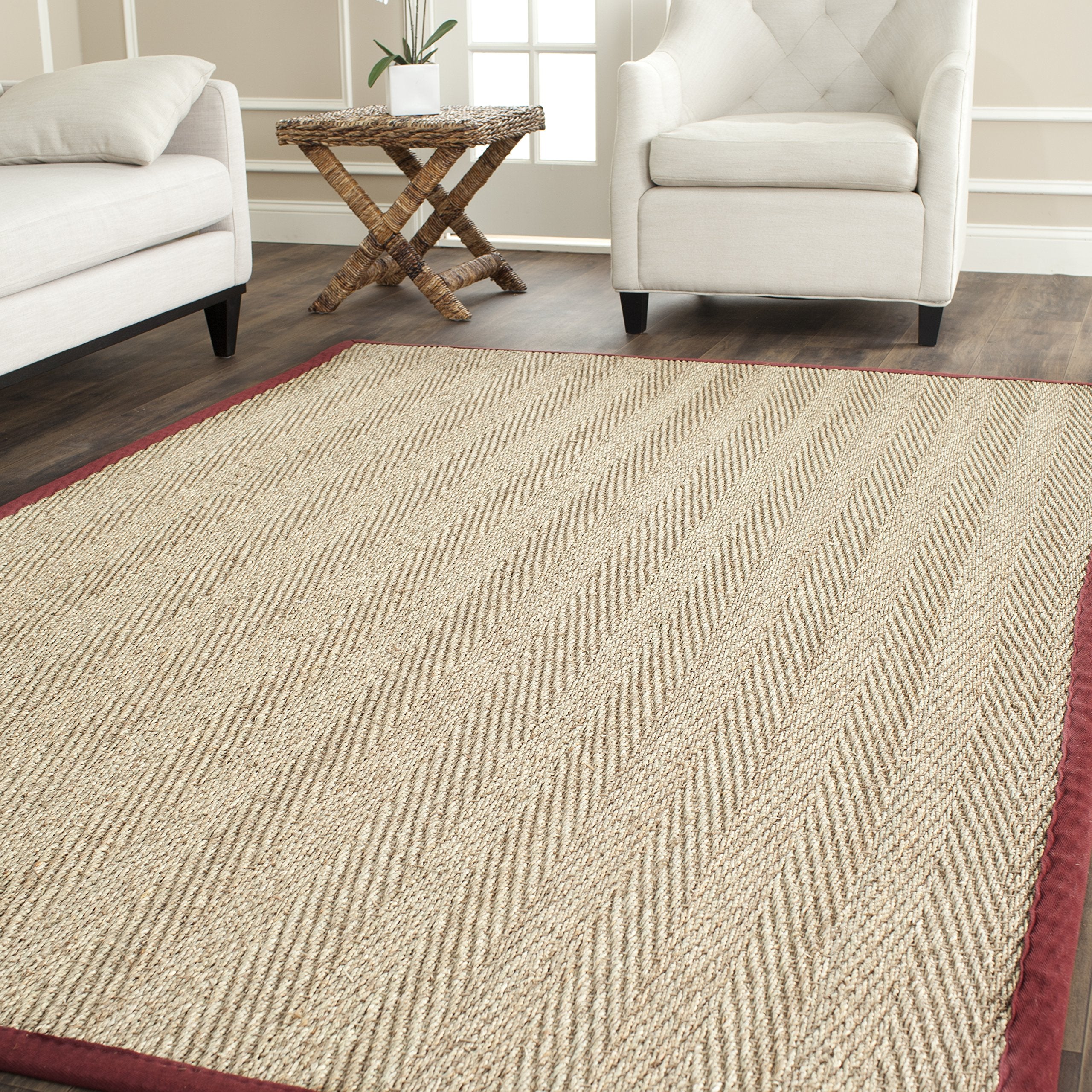 Safavieh Natural Fiber Collection Accent Rug - 4 x 6, Natural & Red, Border Herringbone Seagrass Design, Easy Care, Ideal for 