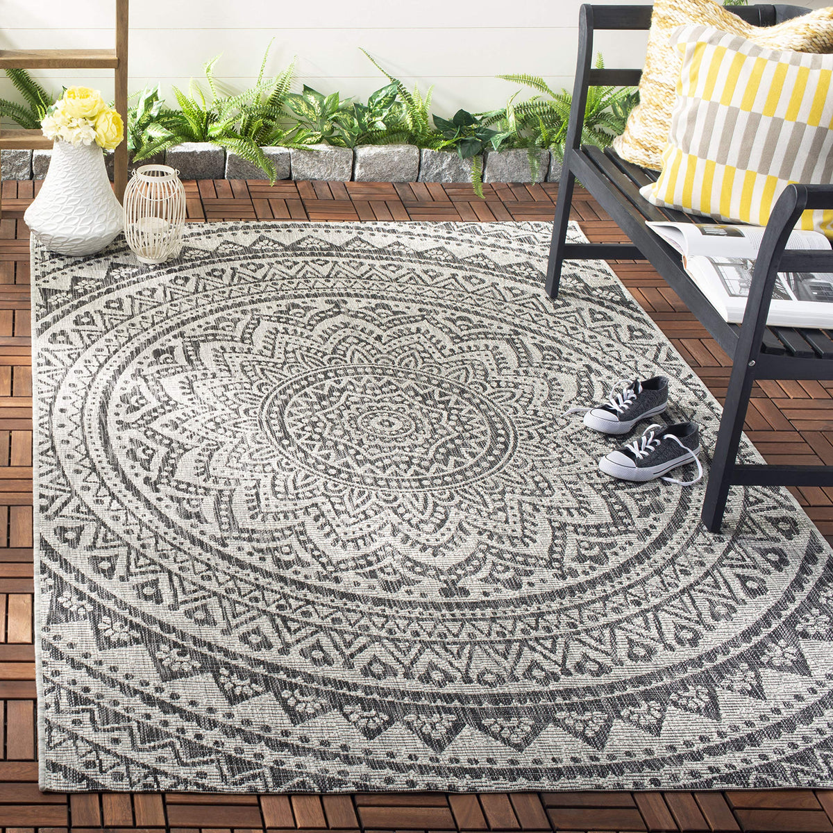 Safavieh Courtyard Collection 4' X 5'7' Light Grey/Black Cy8734 Indoor/ Outside Waterproof Easy Cleansingpatio Backyard Mudroom