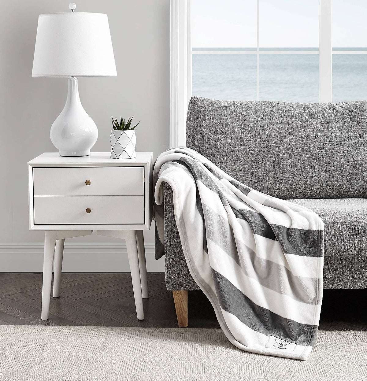 Nautica - Throw Blanket, Super Soft & Cozy Fleece Bedding, Dorm Room Essentials (Awning Stripe Grey, Throw)