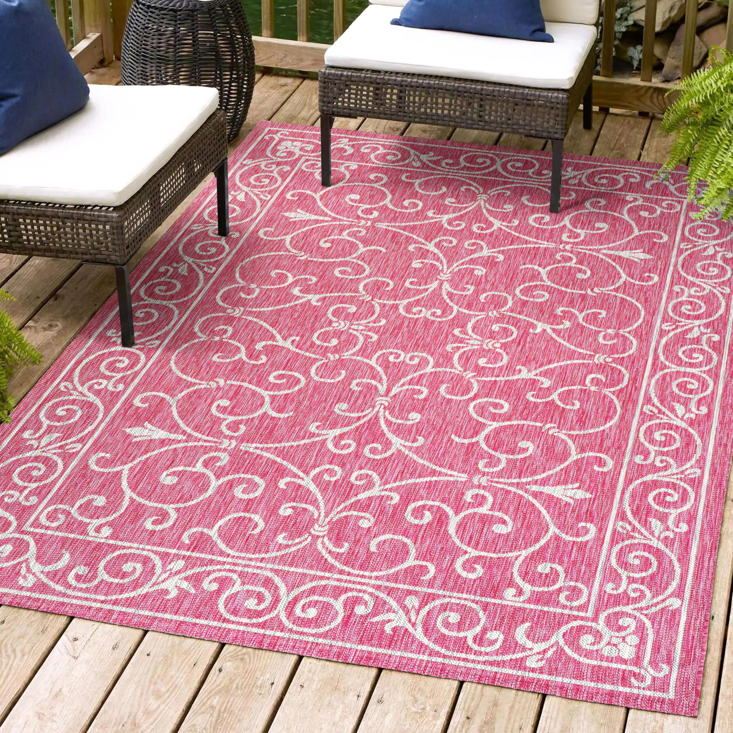 Jonathan Y Smb106J-9 Charleston Vintage Filigree Textured Weave Indoor Outdoor Area-Rug, Classic Traditional Easy-Cleaning,Bedroom,Kitchen,Backyard,Patio,Non Shedding, 9 X 12, Fuchsia/Light Gray