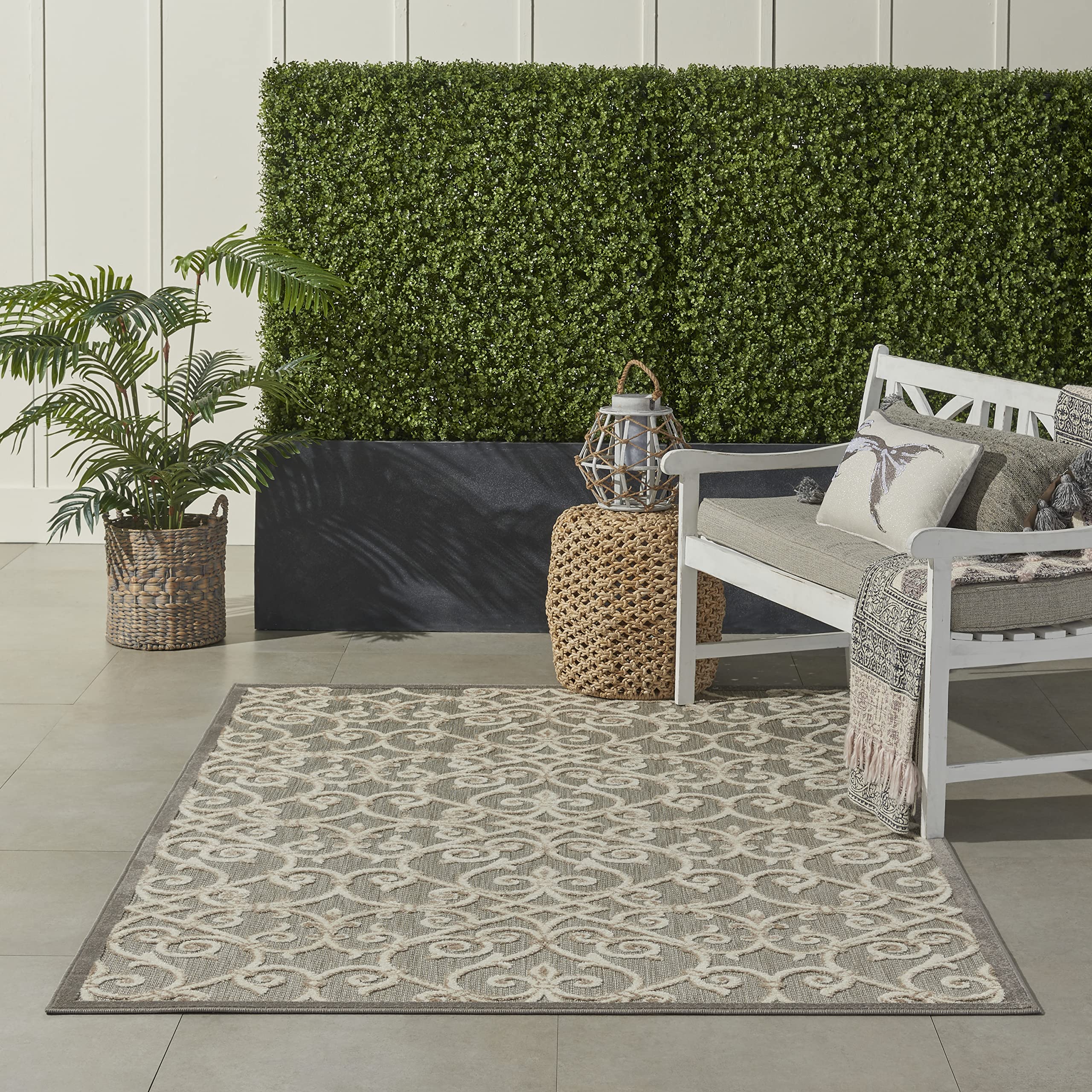 Nourison Aloha Indoor/Outdoor Natural 5'3' X 7'5' Area Rug, Transitional, French Country, Easy Cleaning, Non Shedding, Bed Roo