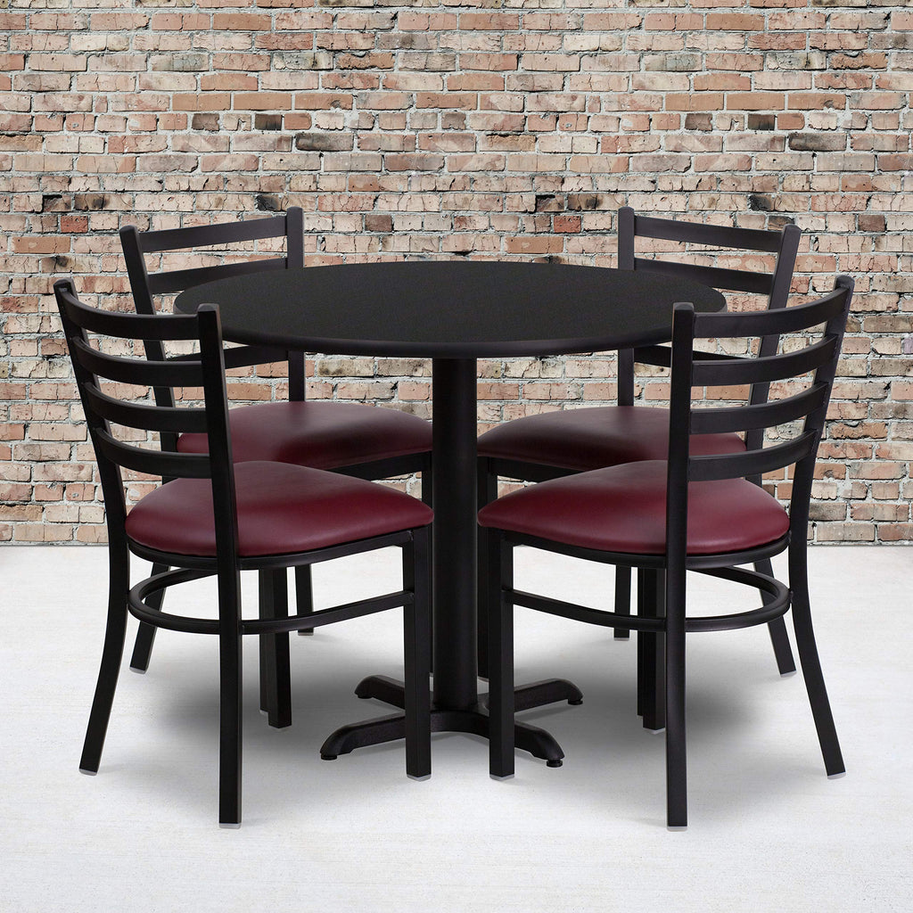 Flash Furniture Carlton 36'' Round Black Laminate Table Set with X-Base and 4 Ladder Back Metal Chairs - Burgundy Vinyl Seat