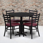 Flash Furniture Carlton 36'' Round Black Laminate Table Set with X-Base and 4 Ladder Back Metal Chairs - Burgundy Vinyl Seat