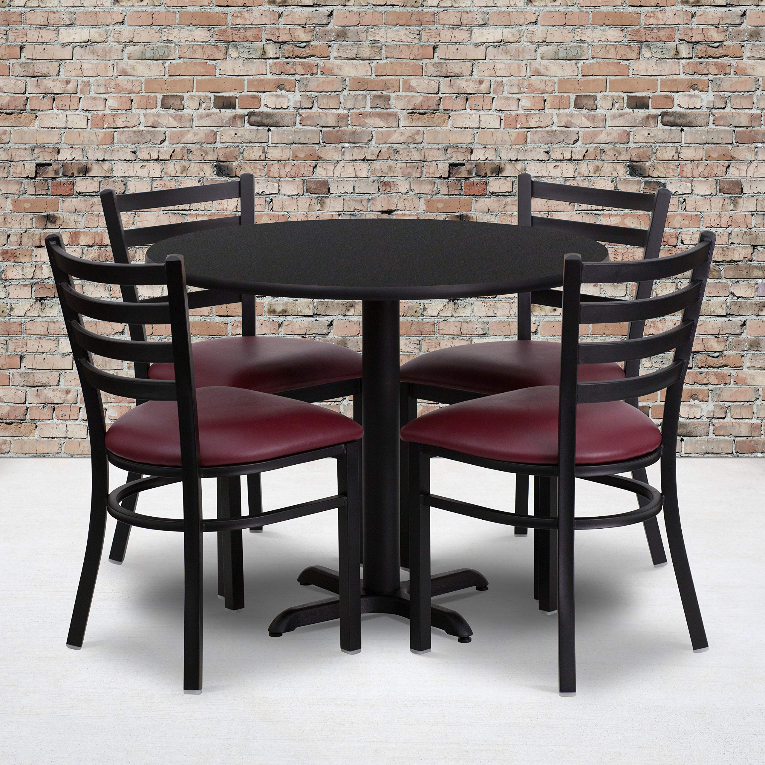 Flash Furniture Carlton 36'' Round Black Laminate Table Set with X-Base and 4 Ladder Back Metal Chairs - Burgundy Vinyl Seat