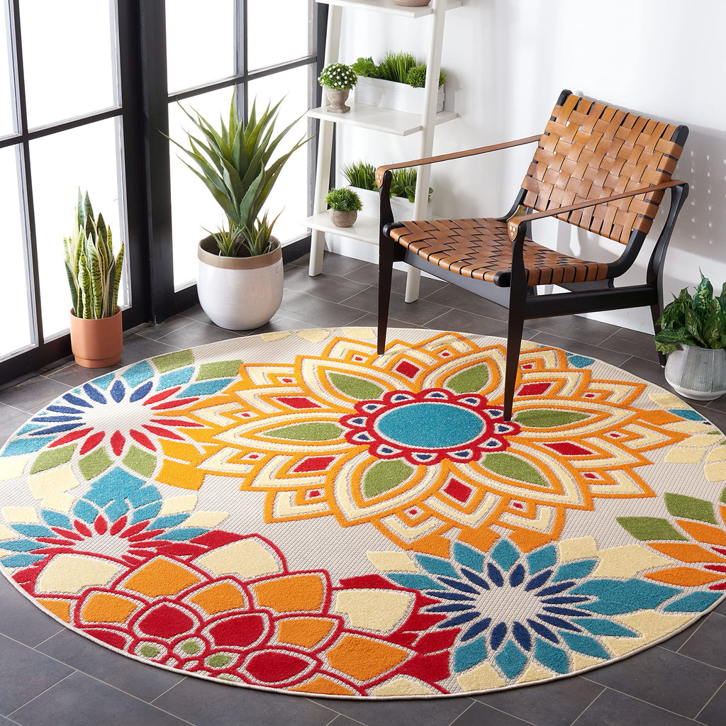 Safavieh Cabana Collection 6'7' Round Ivory/Orange Cbn328A Floral Indoor/ Outdoor Non-Shedding Easy-Cleaning Patio Backyard Dec