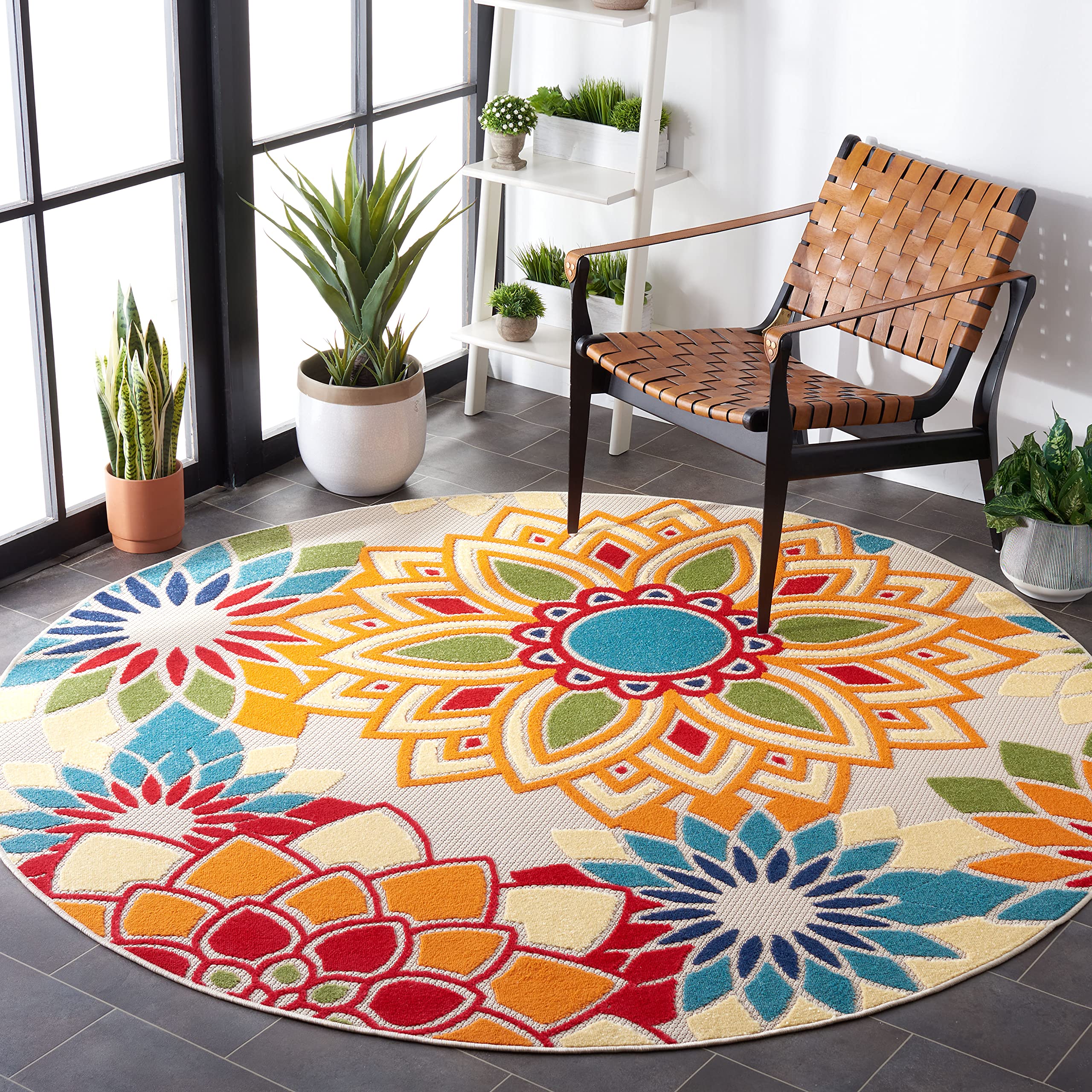 Safavieh Cabana Collection 6'7' Round Ivory/Orange Cbn328A Floral Indoor/ Outdoor Non-Shedding Easy-Cleaning Patio Backyard Dec