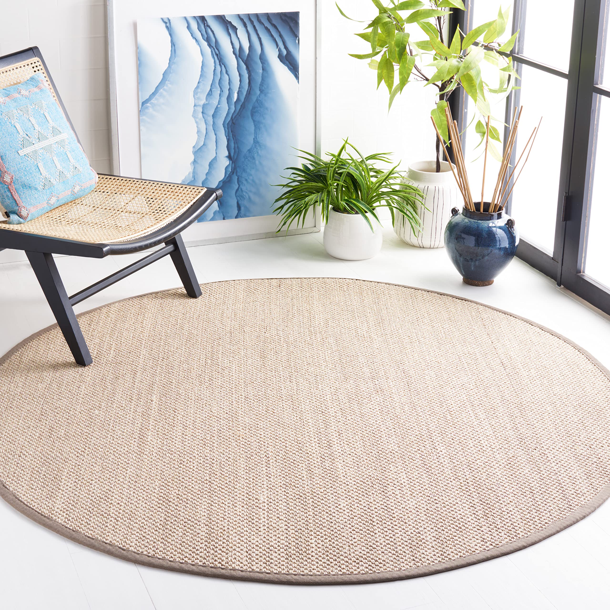 SAFAVIEH Natural Fiber Collection 4 Round Marble / Khaki NF143E Border Sisal Area Rug