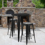 Flash Furniture Commercial Grade 30" Round Black Metal Indoor-Outdoor Bar Table Set with 2 Square Seat Backless Stools