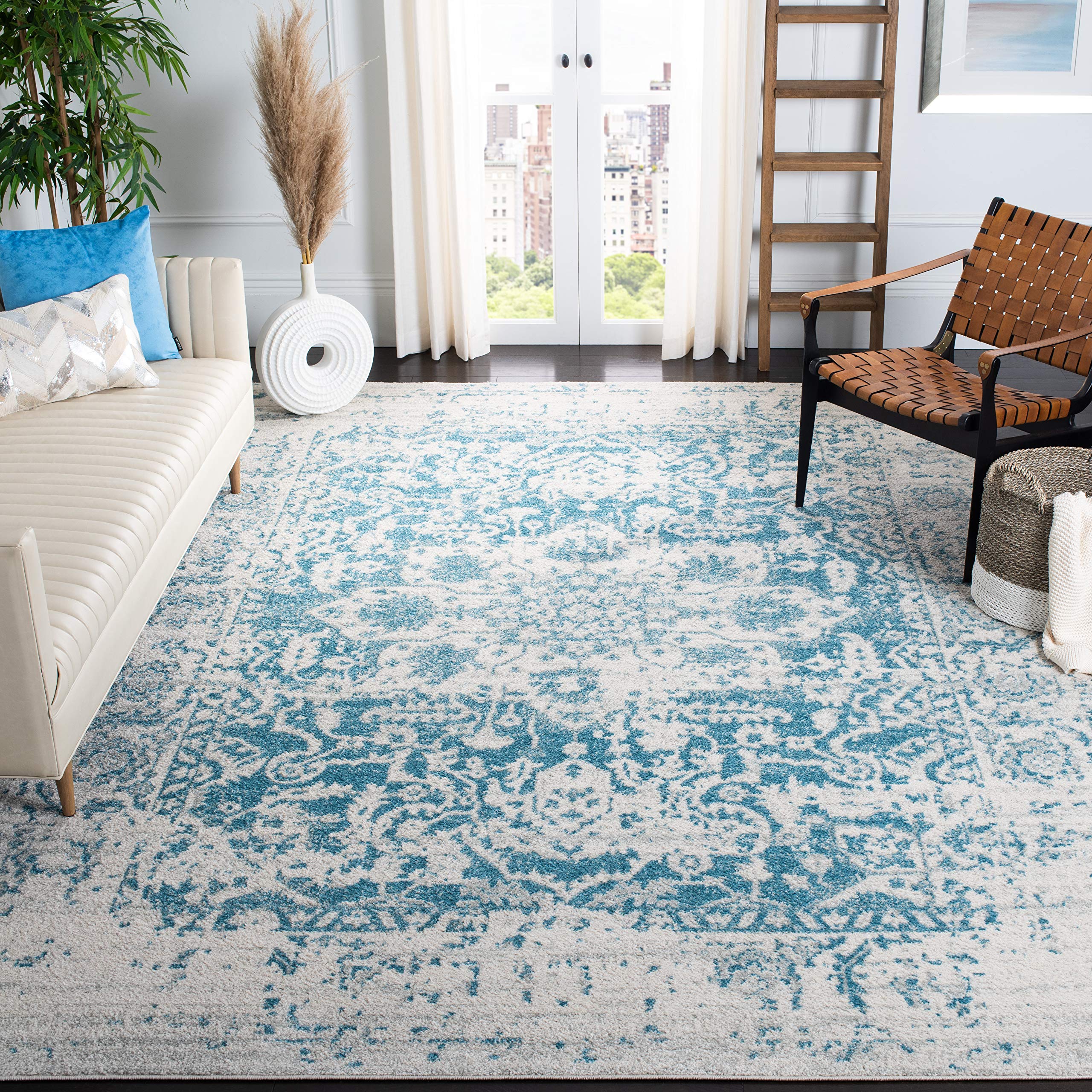 SAFAVIEH Madison Collection 67 Square Teal / Ivory MAD603J Oriental Snowflake Medallion Distressed Non-Shedding Living Room Bed