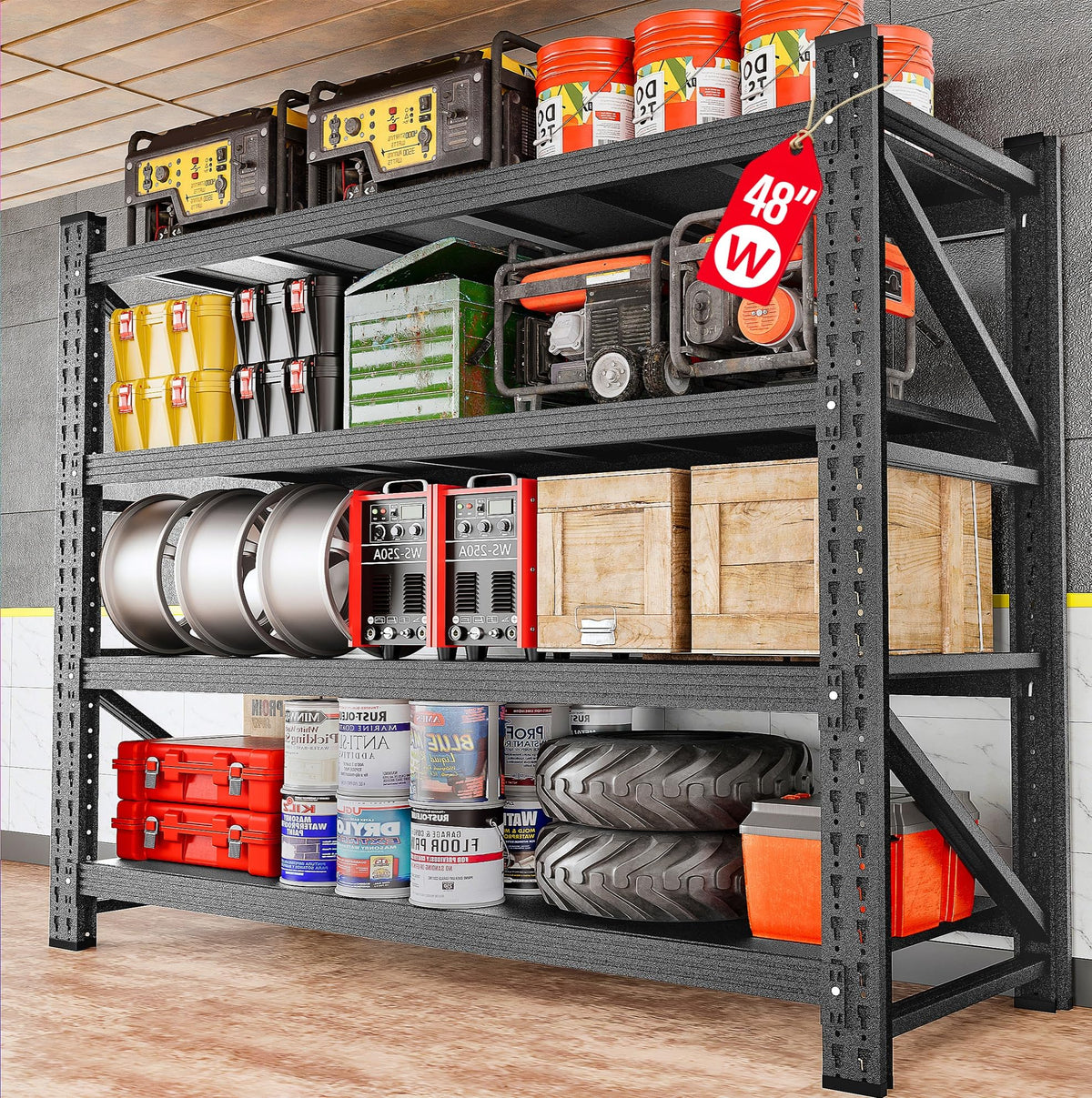 48 Wide Heavy Duty Garage Shelving Units,3000LBS 24 Deep Storage Shelves,Metal Garage Shelves,Large Storage Rack,Steel Shelf,In