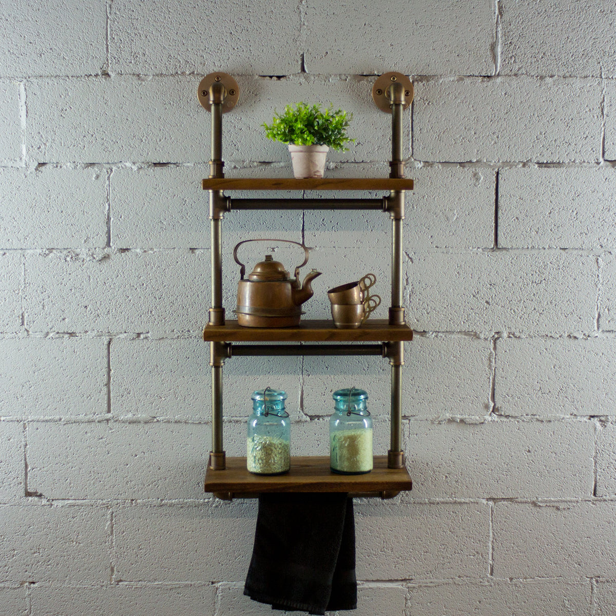 Os Home And Office Wall Mounted Bookcase, Brushed Brass Gray Steel Combo With Natural Stained Wood