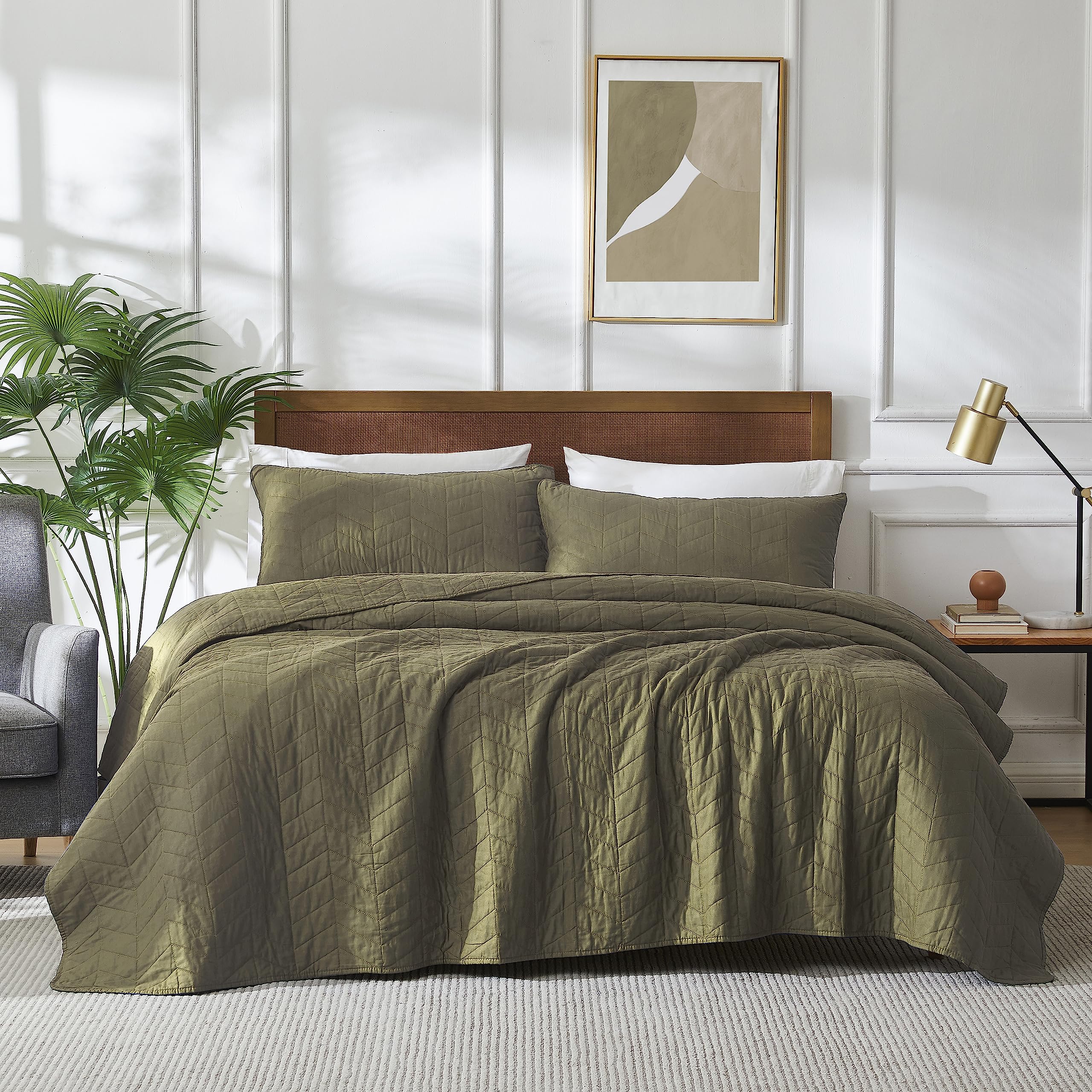 Palassio Green 100% Cotton Quilt King Size Bedding Sets With Pillow Shams, Olive Lightweight Soft Bedspread Coverlet, Sage Quilt