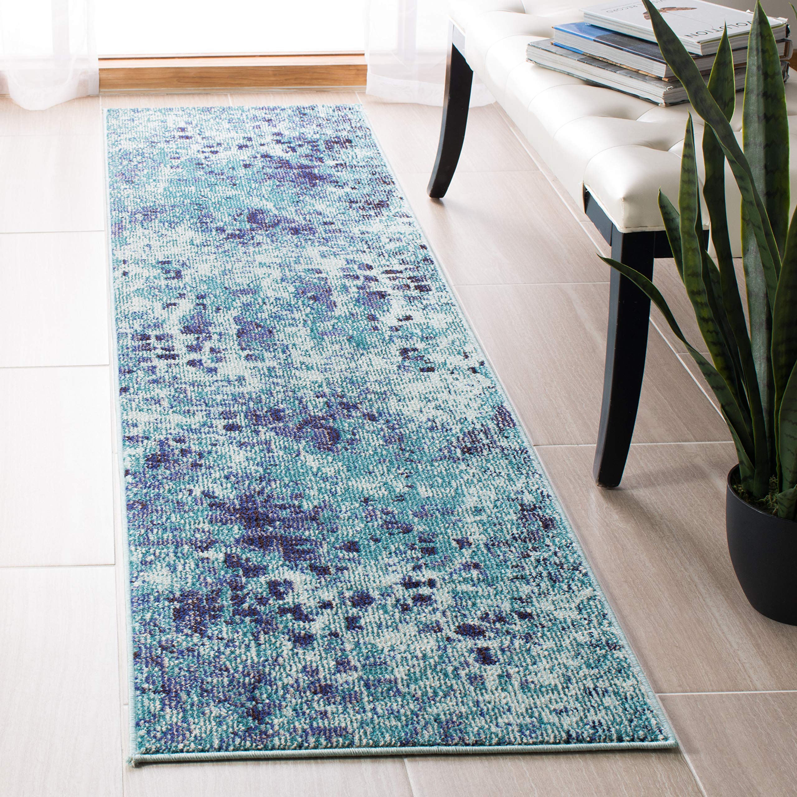 SAFAVIEH Madison Collection Runner Rug - 22 x 12, Turquoise & Navy, Boho Abstract Distressed Design, Non-Shedding & Easy Care,