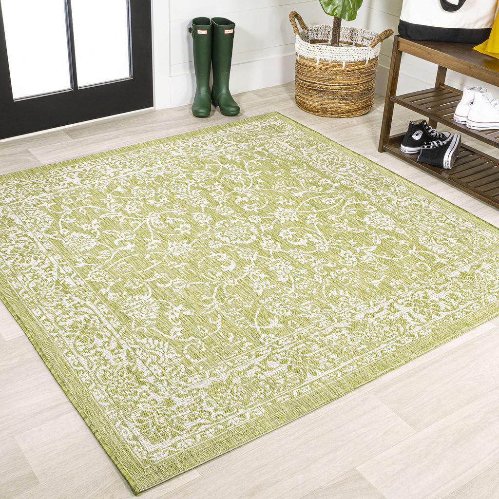 Jonathan Y Smb100D-5Sq Tela Bohemian Textured Weave Floral Indoor Outdoor Area Rug, Coastal, Traditional, Transitional Easy Cleaning,Bedroom,Kitchen,Backyard,Patio,Non Shedding, Green/Cream, 5' Square