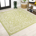 Jonathan Y Smb100D-5Sq Tela Bohemian Textured Weave Floral Indoor Outdoor Area Rug, Coastal, Traditional, Transitional Easy Cleaning,Bedroom,Kitchen,Backyard,Patio,Non Shedding, Green/Cream, 5' Square