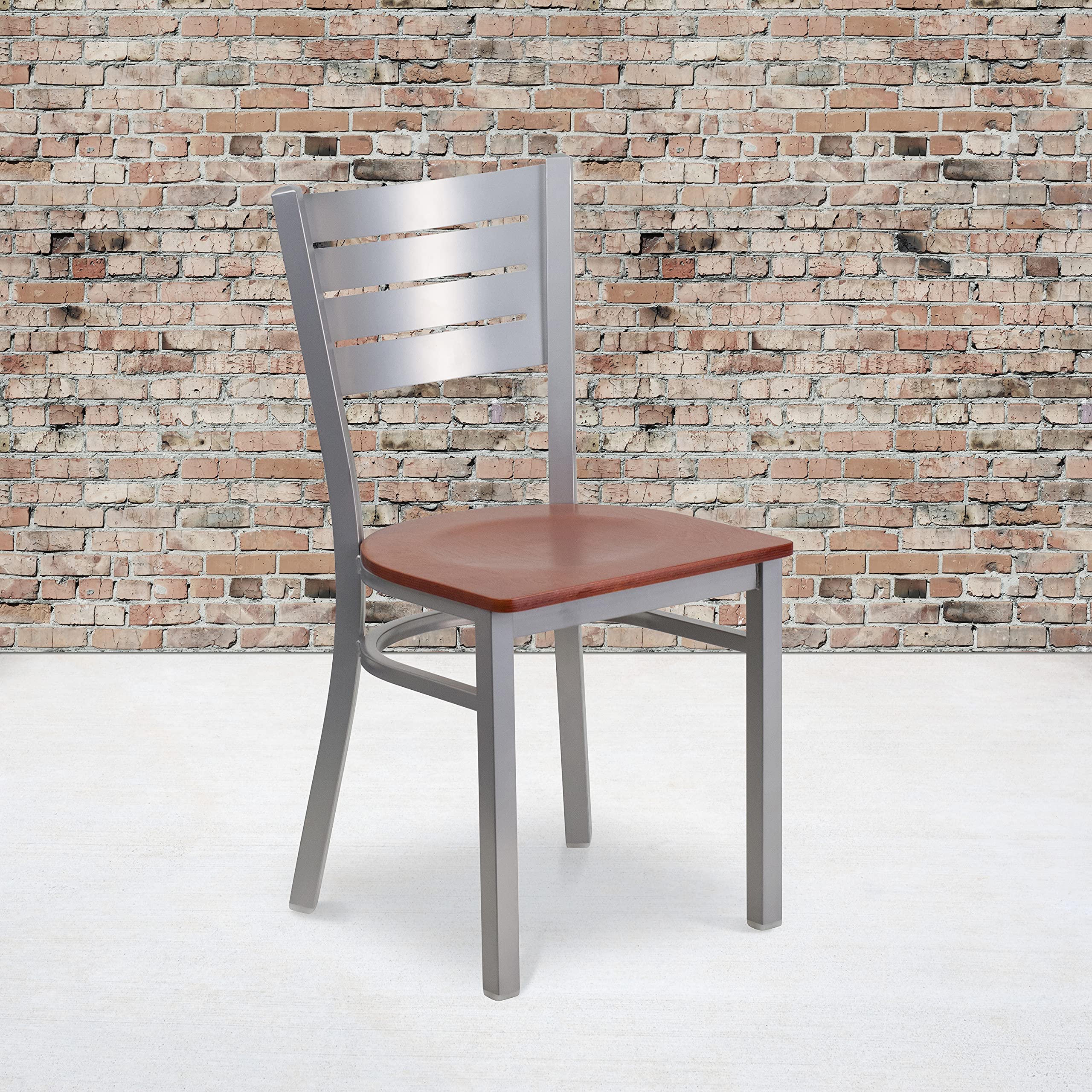 Flash Furniture Hercules Series Silver Slat Back Metal Restaurant Chair - Cherry Wood Seat