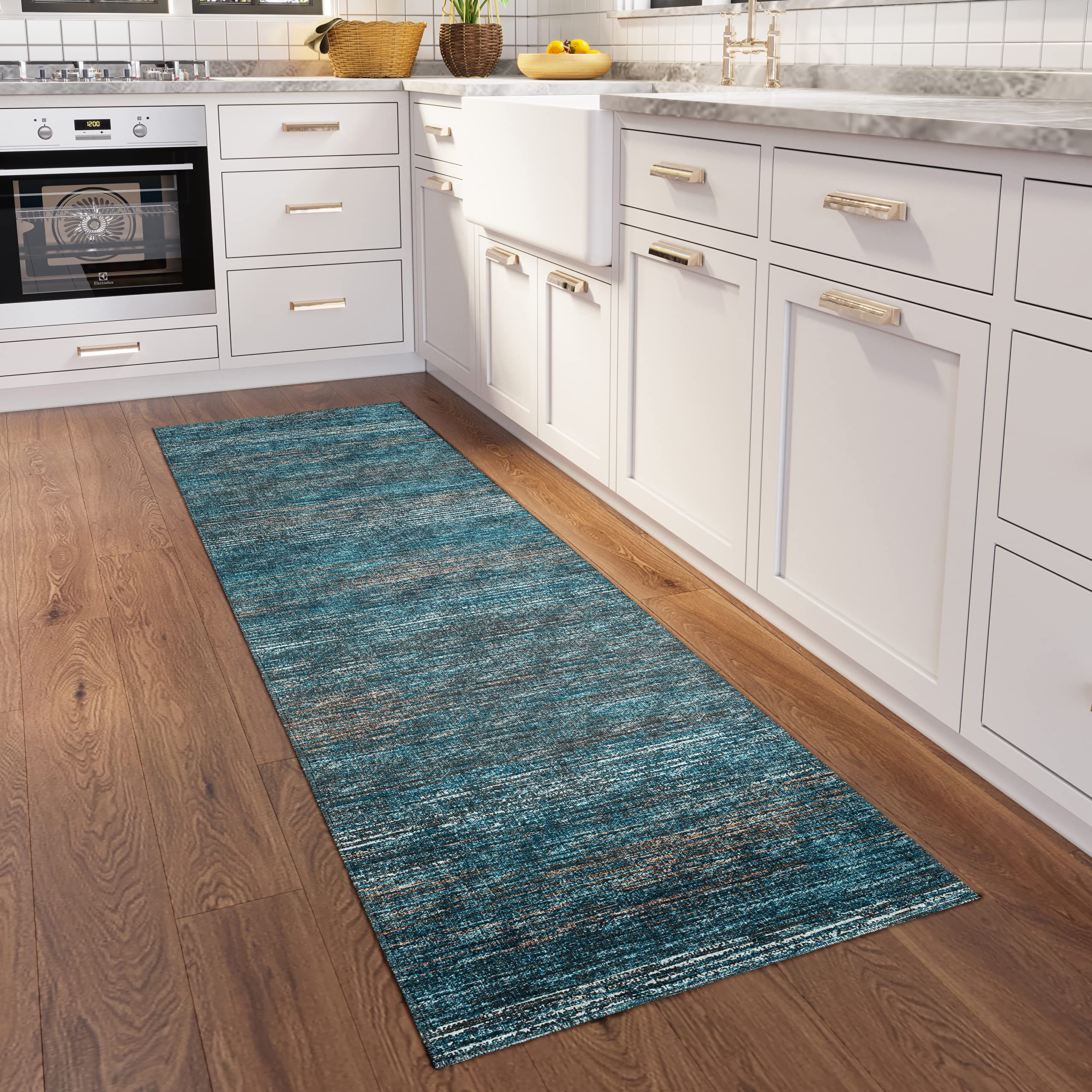 Addison Rugs Marston 2'3" X 7'6" Transitional Blue Indoor Outdoor Hallway Runner Rug, Stain Resistant Washable Carpet, Easy Clean, Non Shedding, Bedroom, Living Room, Dining Room, Kitchen Rug