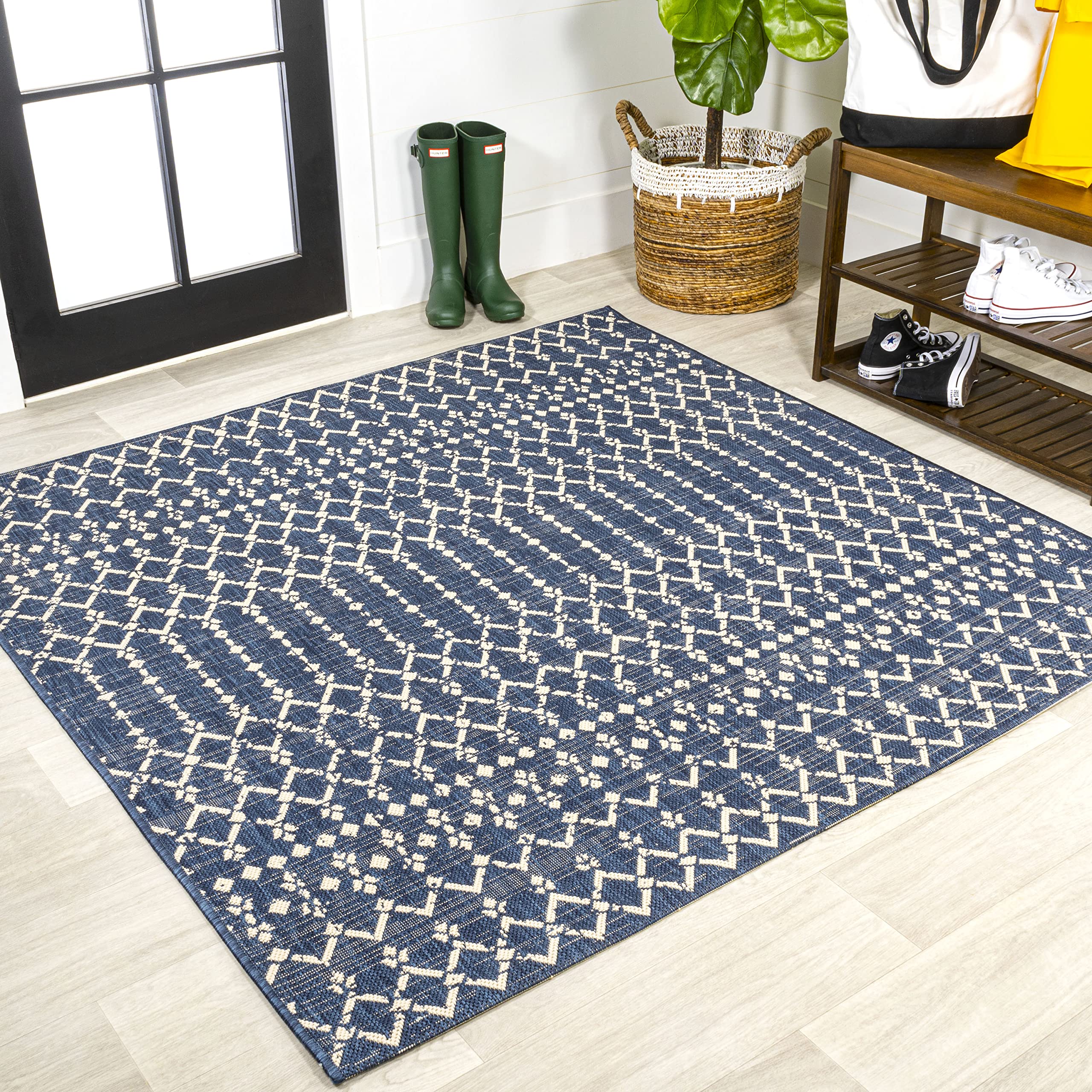 Jonathan Y Smb108K-4Sq Ourika Moroccan Geometric Textured Weave Navy/Beige 4' Square Indoor/Outdoor Area Rug, Pet Friendly, Non-