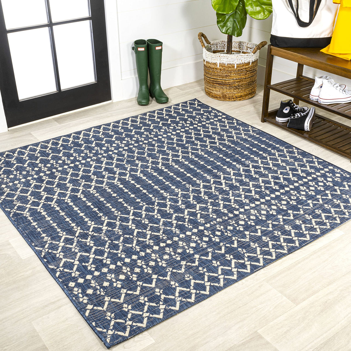 Jonathan Y Smb108K-6Sq Ourika Moroccan Geometric Textured Weave Navy/Beige 6' Square Indoor/Outdoor Area Rug, Pet Friendly, Non-