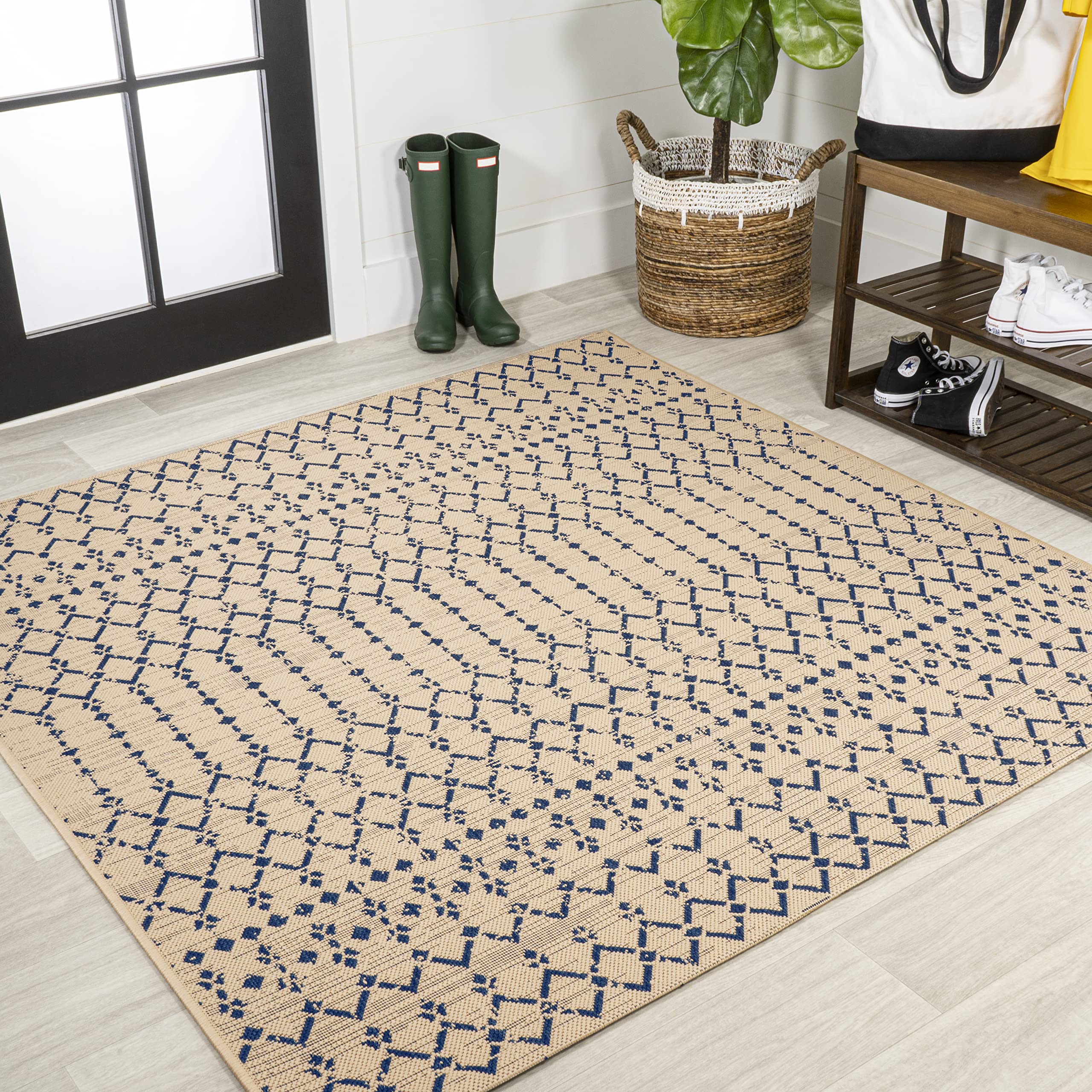 Jonathan Y Smb108H-4Sq Ourika Moroccan Geometric Textured Weave Beige/Navy 4' Square Indoor/Outdoor Area Rug, Pet Friendly, Non-