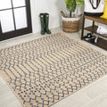 JONATHAN Y SMB108H-9SQ Ourika Moroccan Geometric Textured Weave Beige/Navy 9 Square Indoor/Outdoor Area Rug, Pet Friendly, Non-