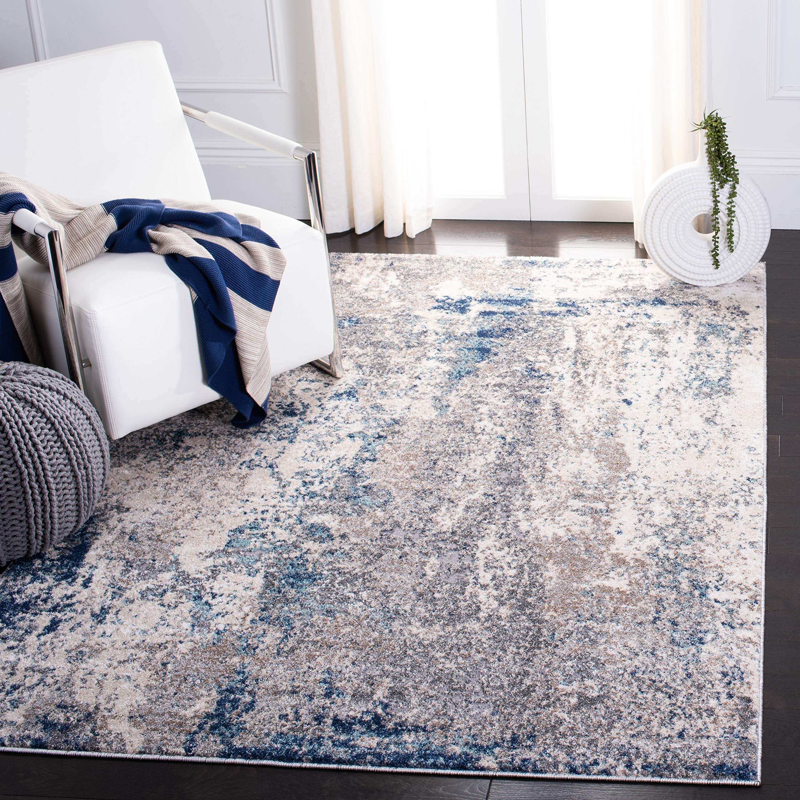 SAFAVIEH Aston Collection Accent Rug - 4 x 6, Grey & Navy, Modern Abstract Design, Non-Shedding & Easy Care, Ideal for High Tr