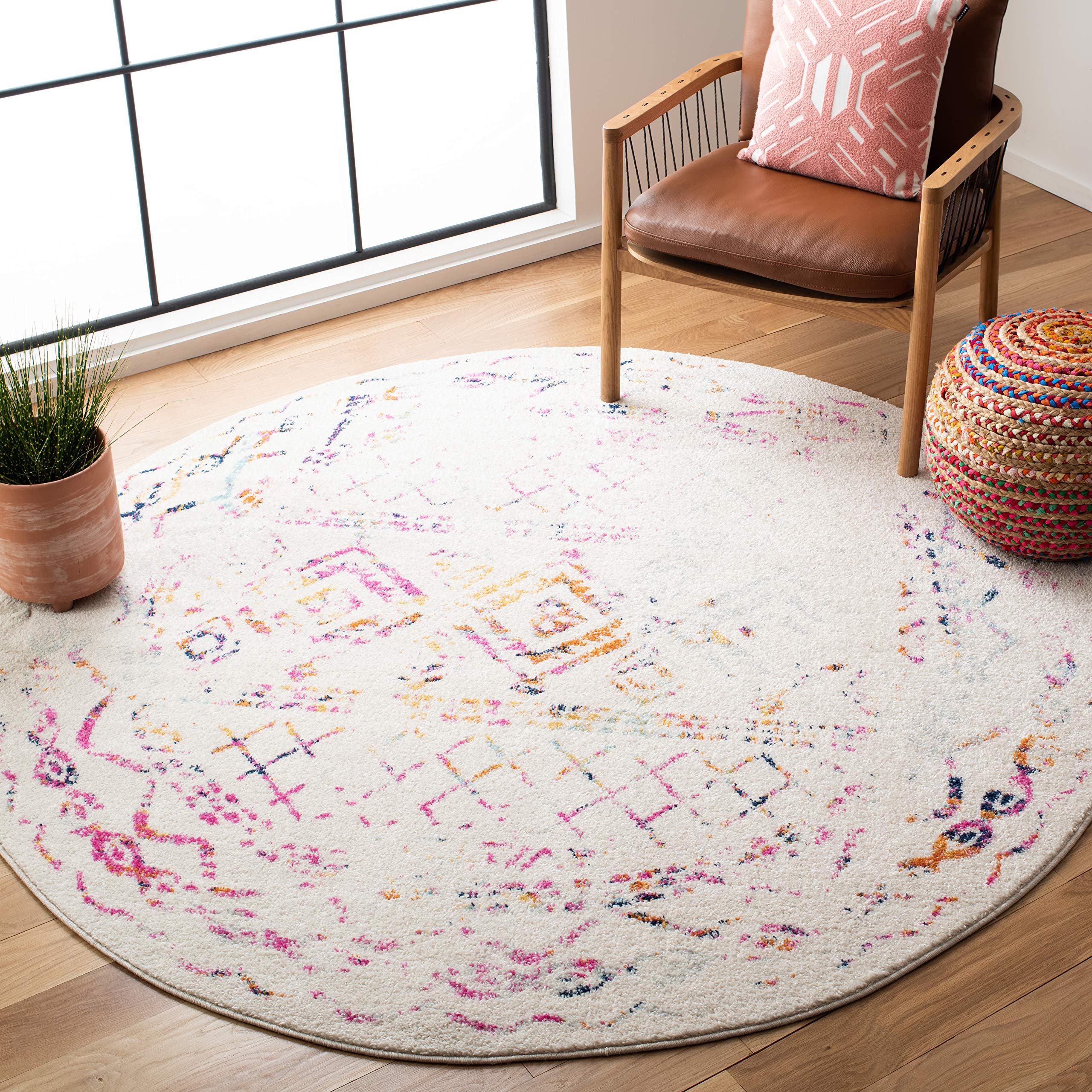 SAFAVIEH Tulum Collection 67 Round Ivory / Fuchsia TUL268E Moroccan Boho Distressed Non-Shedding Dining Room Entryway Foyer Liv