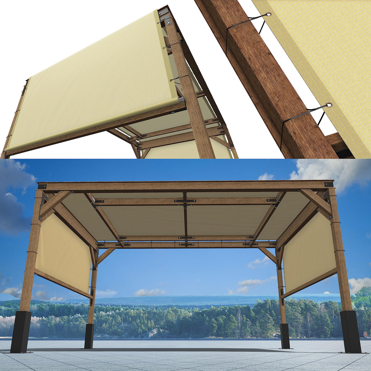 Shademart 8' W X 16' L Beige Pergola Shade Cover With Stainless Steel Weighted Rods And Grommets - Outdoor Patio Canopy Replacem