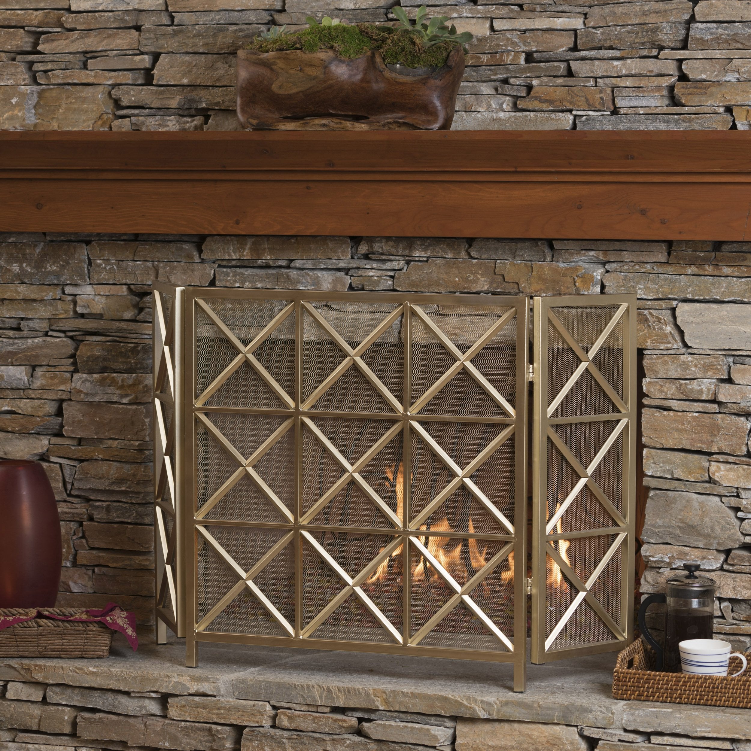 Christopher Knight Home Margaret 3 Panelled Iron Fireplace Screen, Gold