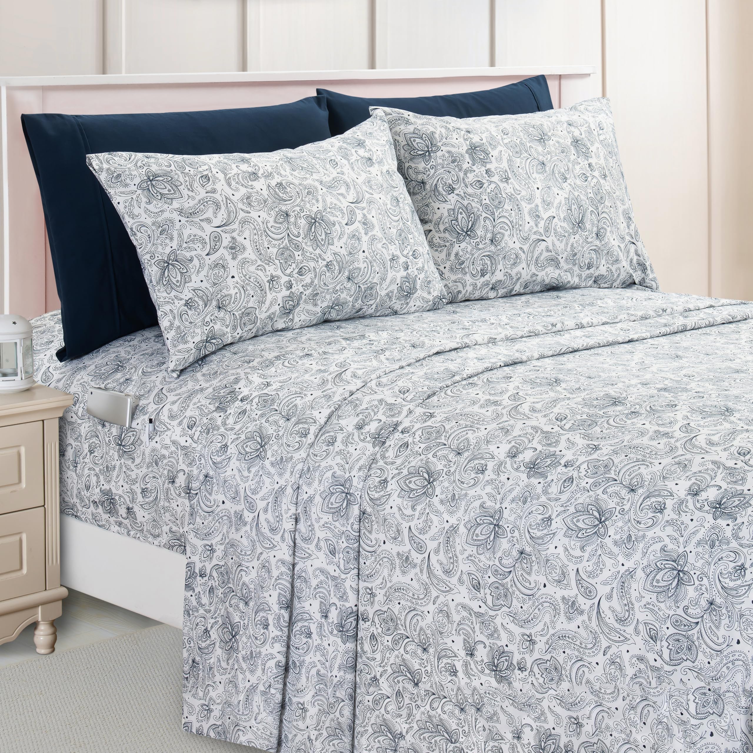 Elegant Comfort Luxury Soft Bed Sheets Paisley Pattern - 1500 Premium Hotel Quality Microfiber Softness Wrinkle And Fade Resistant (6-Piece) Bedding Set, California King, Paisley Navy Blue