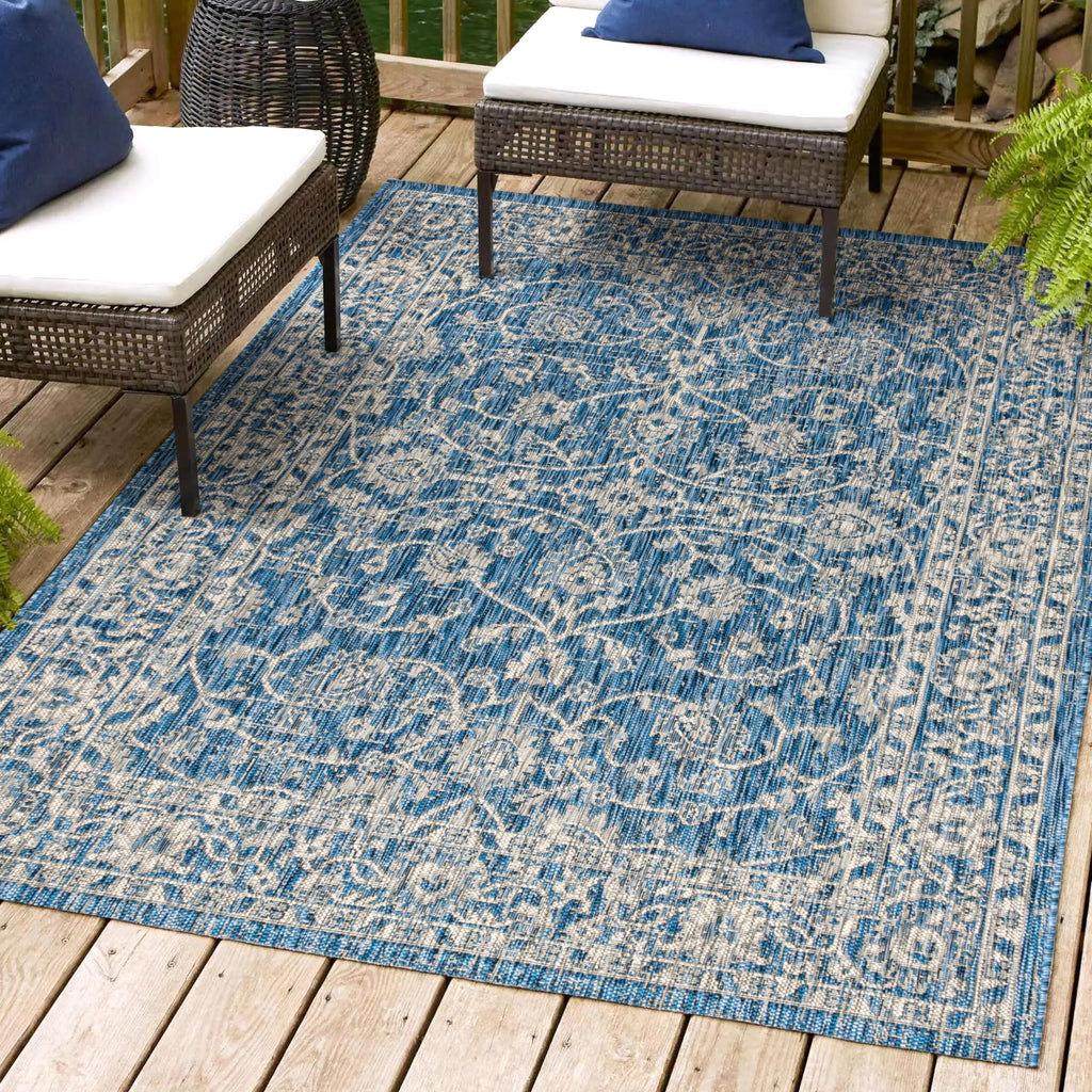 Jonathan Y Smb103A-4 Palazzo Vine And Border Textured Weave Indoor/Outdoor Navy/Gray 4 Ft. X 6 Ft. Area-Rug, Coastal,Easy-Cleaning,Hightraffic,Livingroom,Backyard, Non Shedding