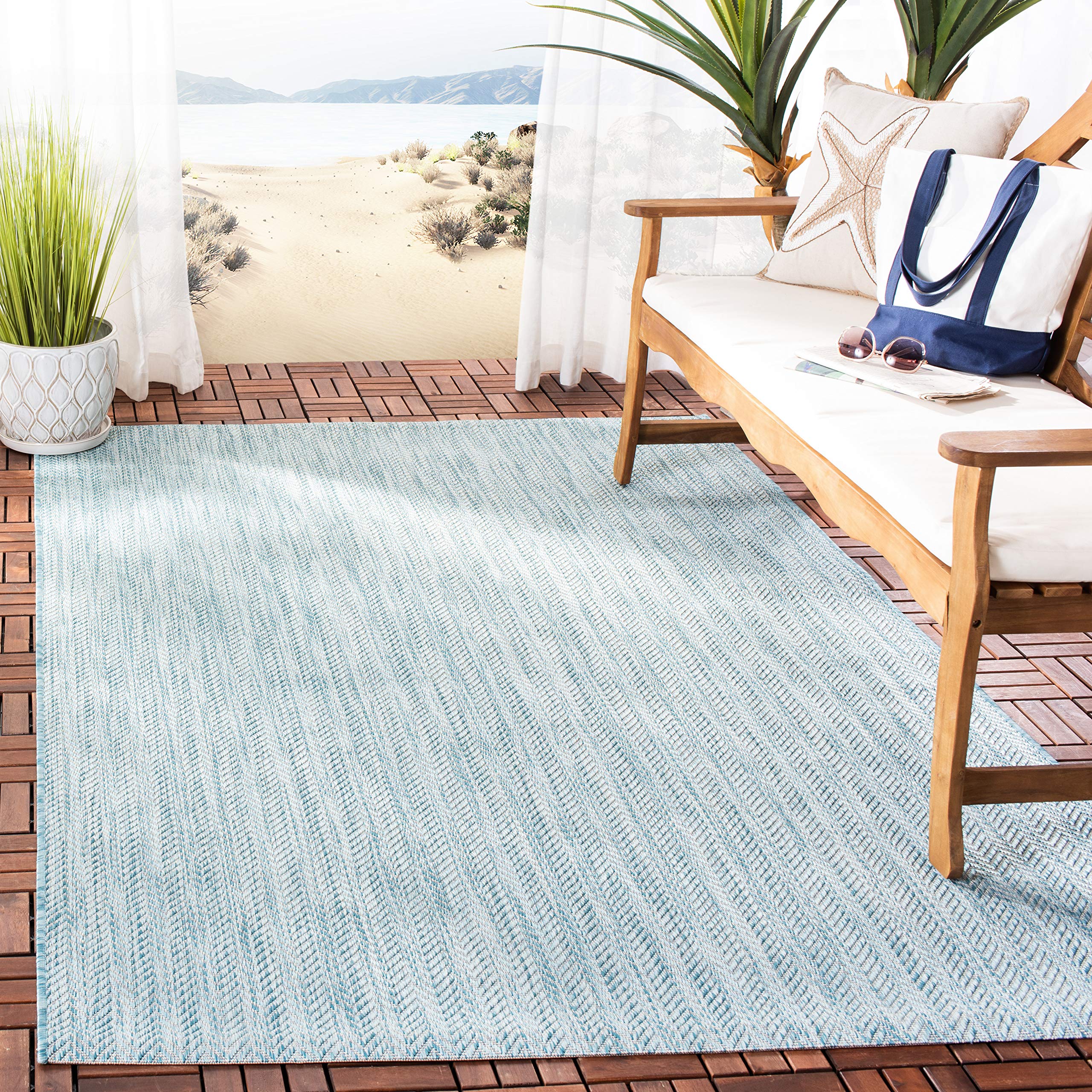 SAFAVIEH Courtyard Collection Accent Rug - 4 x 57, Aqua & Grey, Non-Shedding & Easy Care, Indoor/Outdoor & Washable-Ideal for 